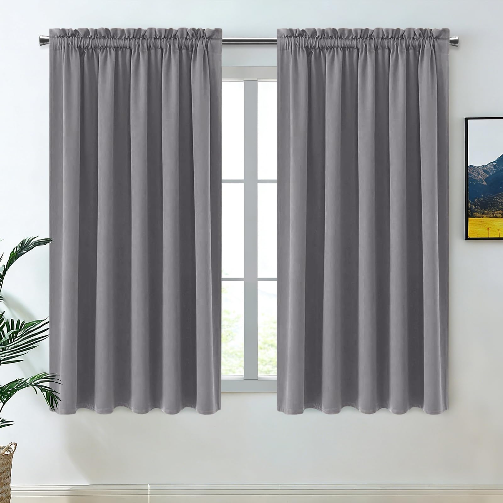 Wide Blackout Curtains for Bedroom Living Room 70 x 63 Inch Long Grey (2 Count)