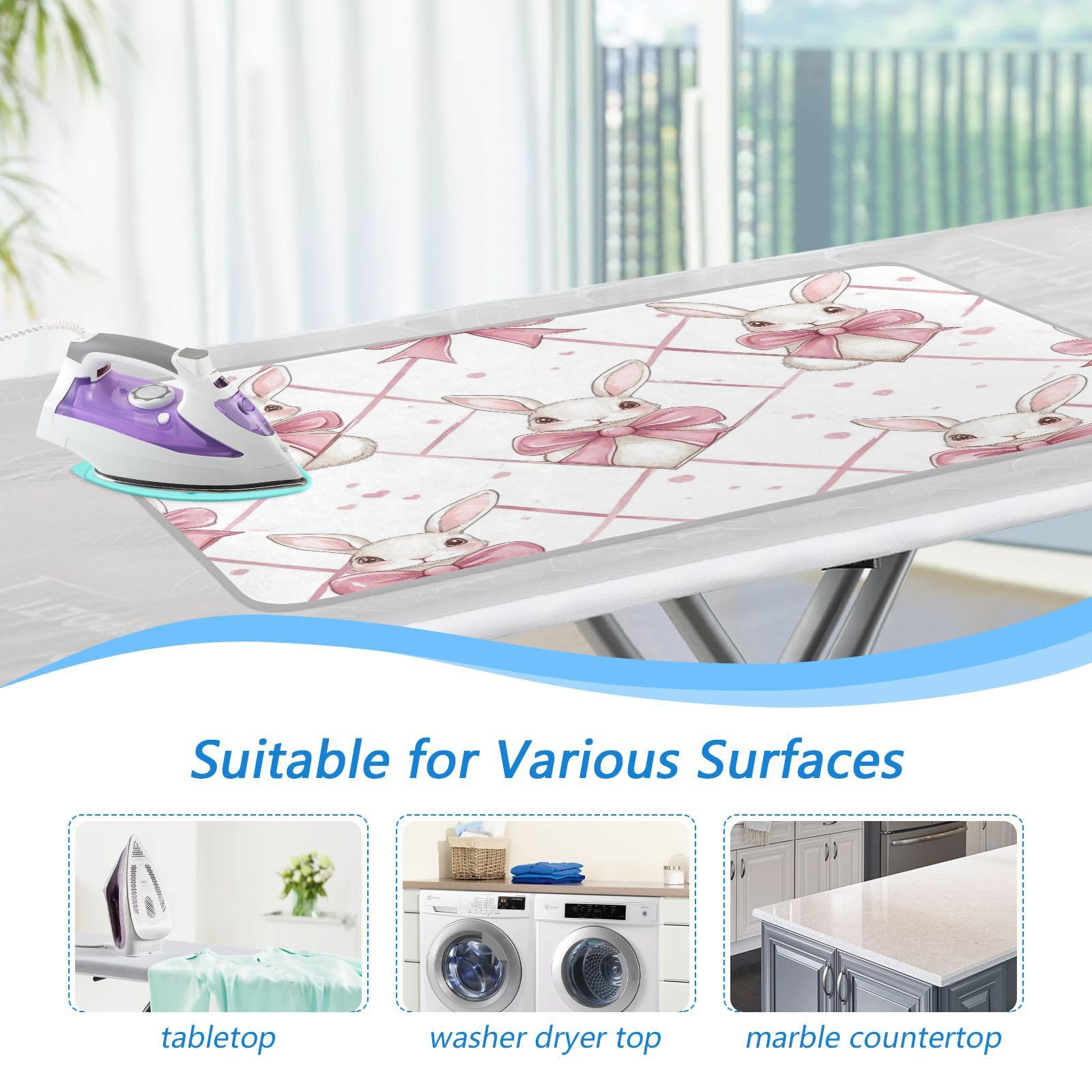 Easter Bunny Bows Pink Ironing Mat Thickened Ironing Blanket Travel Portable Double