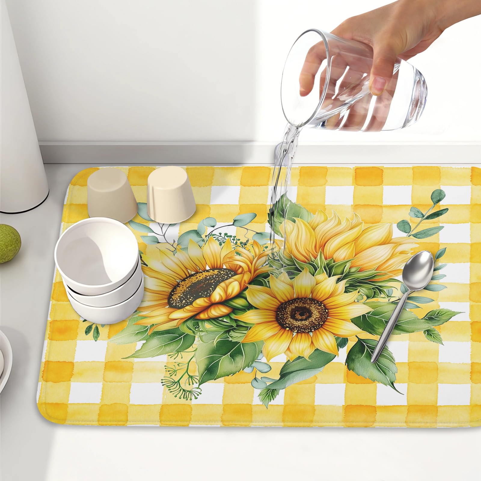 Sunflower Dish Drying Mat 18x24 Inch Absorbent Reversible Summer Sunflower Drying Mat Summer Plaid Dish Drying Rack Mat Yellow Summer Themed Dish Drainer Mat for Kitchen Counter Coffee Bar