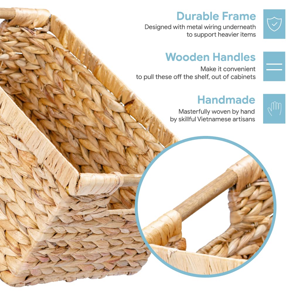 Large Rectangular Wicker Basket with Wooden Handles for Shelves and Storage