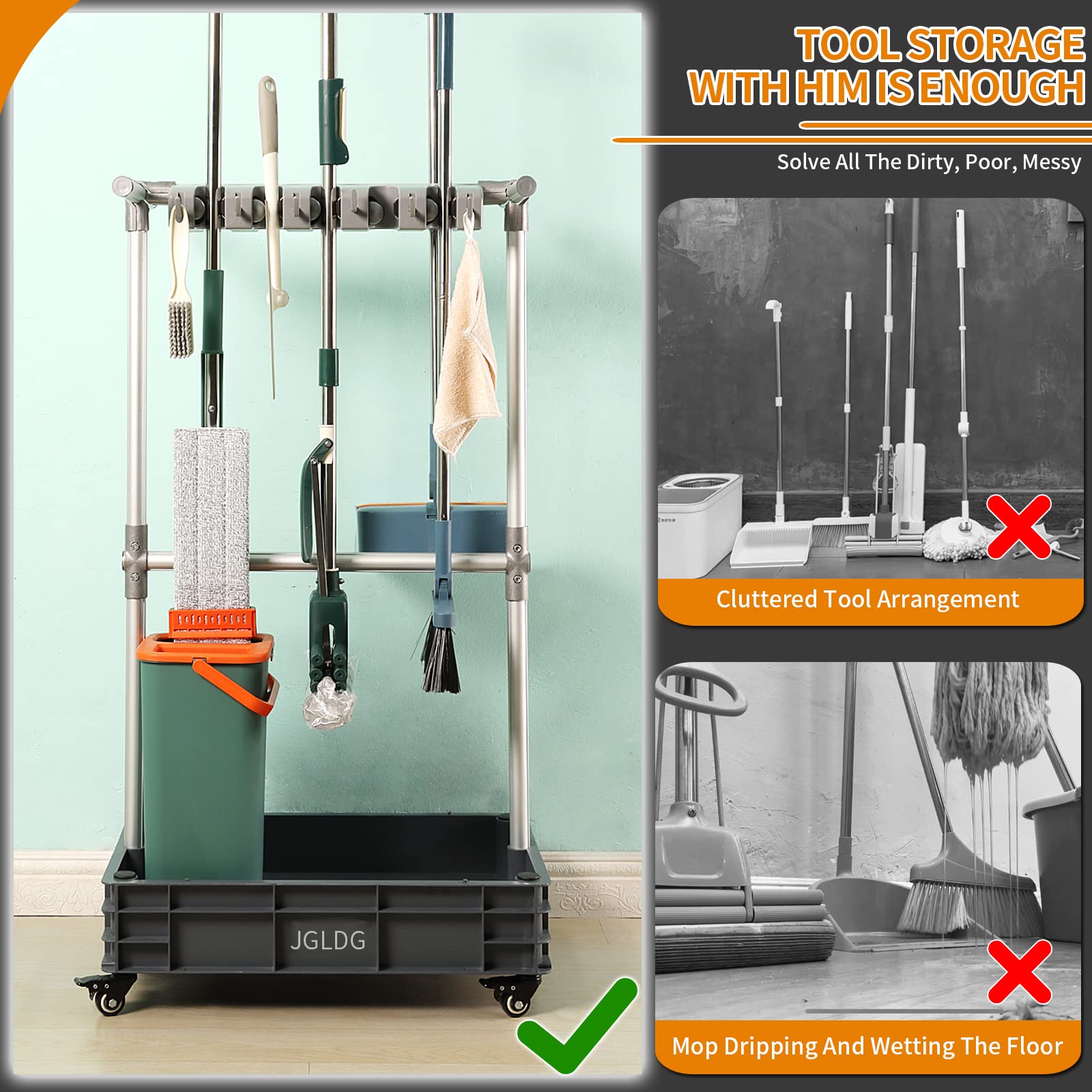 Broom mop Holder Cleaning Supplies Organizer Janitor carts on Wheels Housekeeping Station Storage Tools for Garage