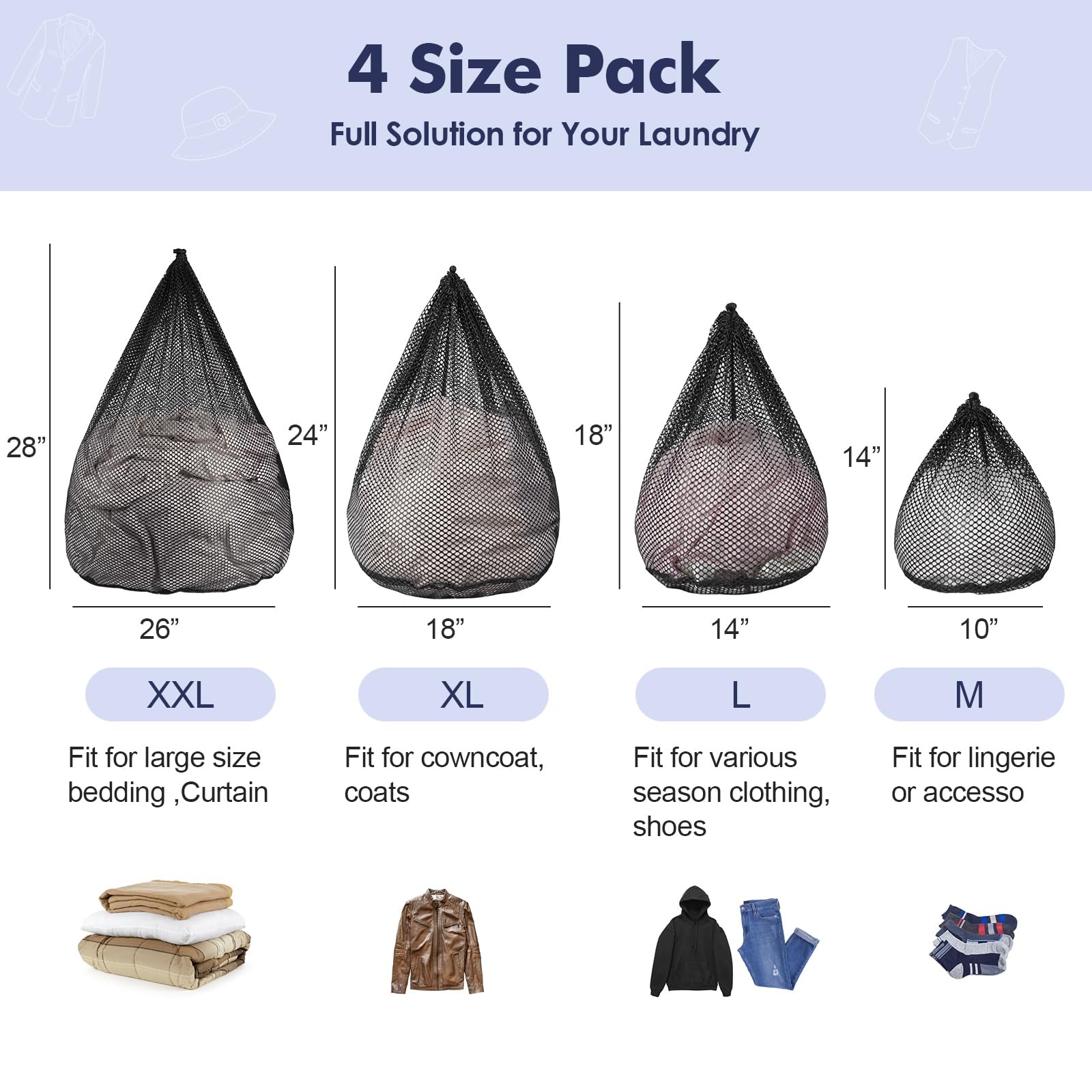 4Pcs Mesh Laundry Bags Washing Machine Mesh Wash Bags Jumbo for Delicates Clothes (4 Count)
