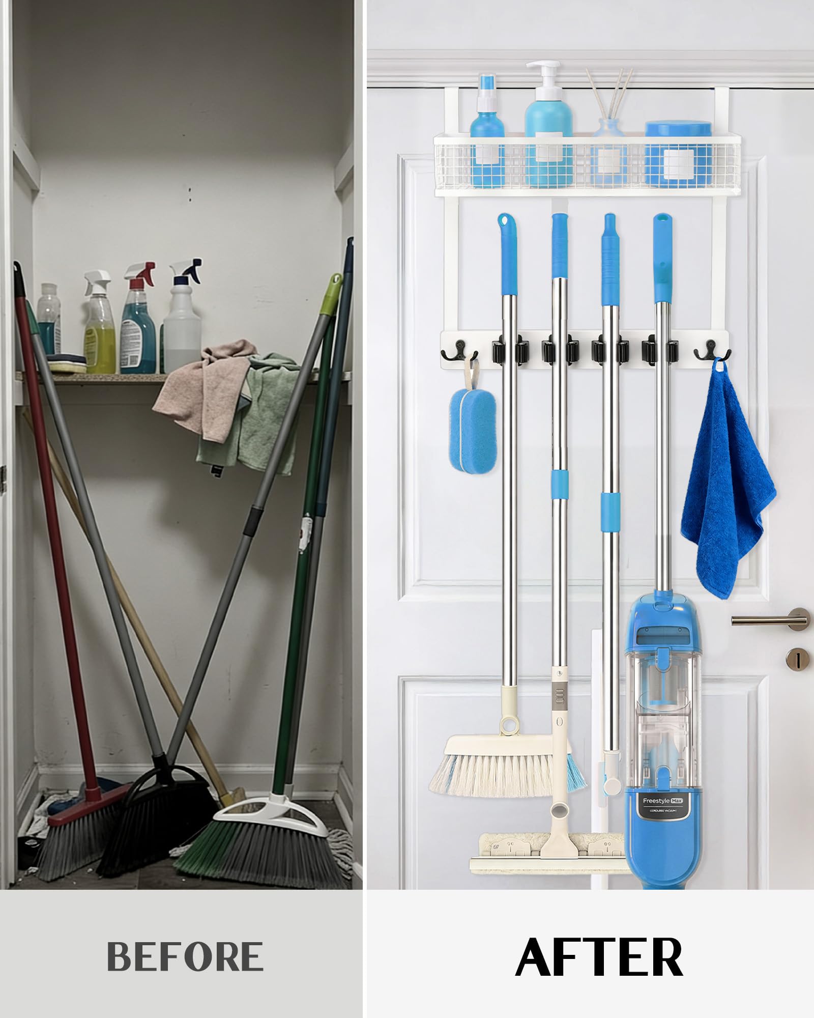 Over the Door Broom and Mop Holder with Basket