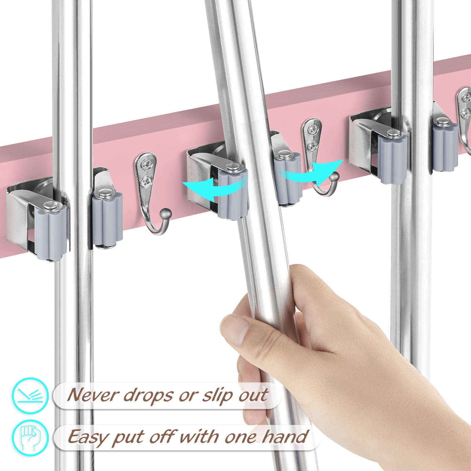 Pink Mop Broom Holder Wall Mount with 4 Slots & 4 Hooks