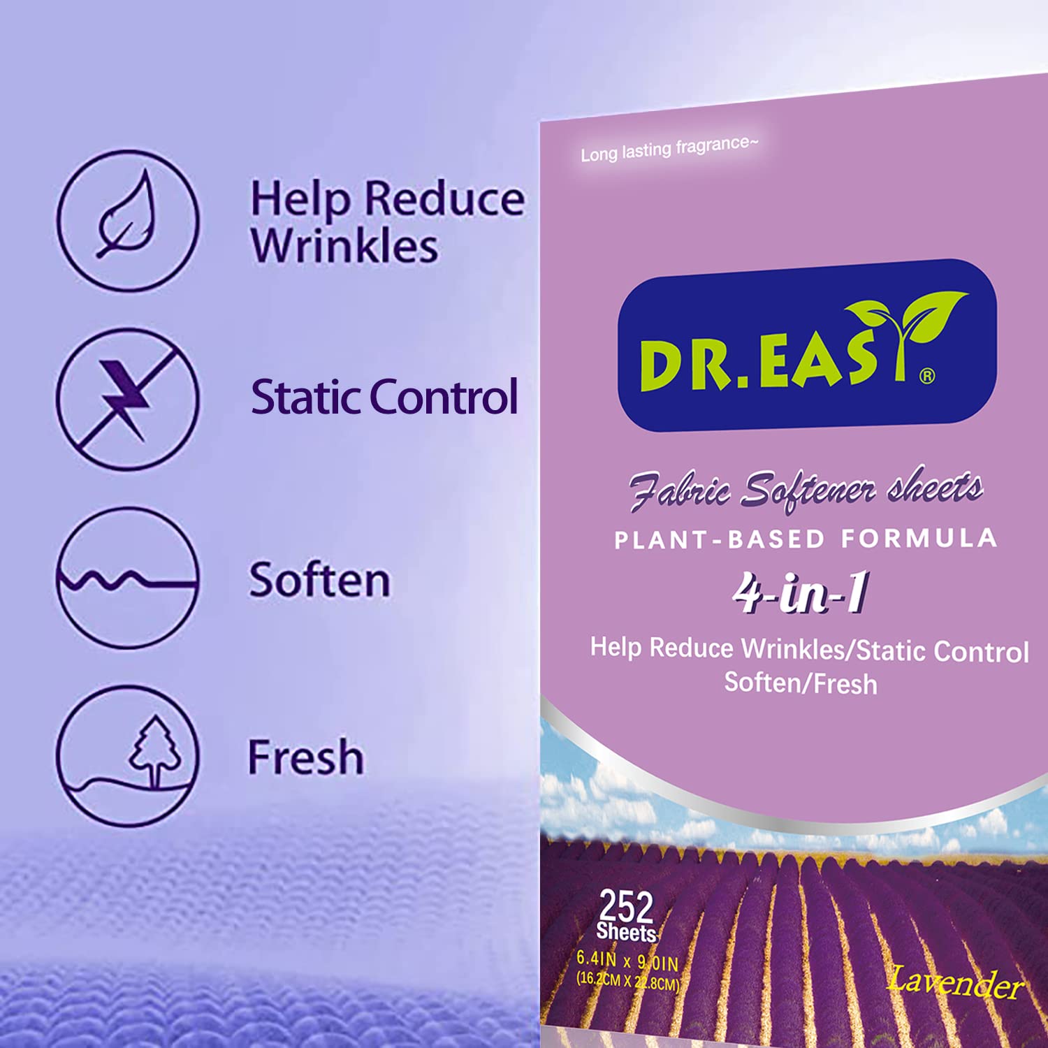 DR.EASY Dryer Sheets Plant Based Formula 252 Ct Fabric Softener sheets for Laundry Lavender Essential Oil Scented No Artificial Fragrances No Dyes Reduce Static & Wrinkles Help Repel Pet Hair (252 Count)