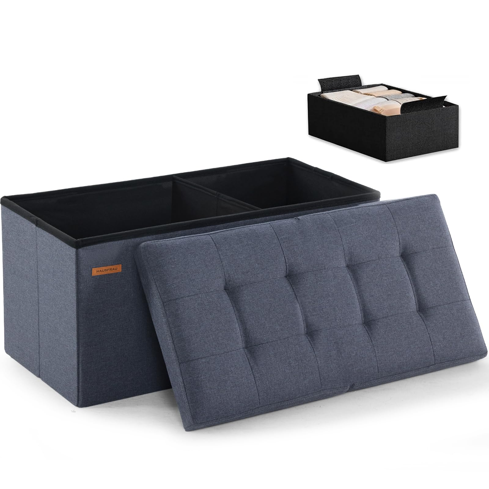 Ottoman with Storage Bench Folding Foot Rest Stool Linen Grey