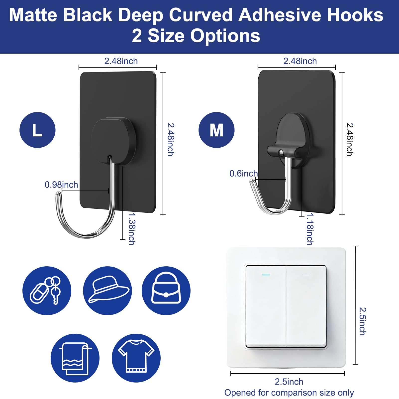 Adhesive Wall Hooks No Drill Black Heavy Duty (12 Count)