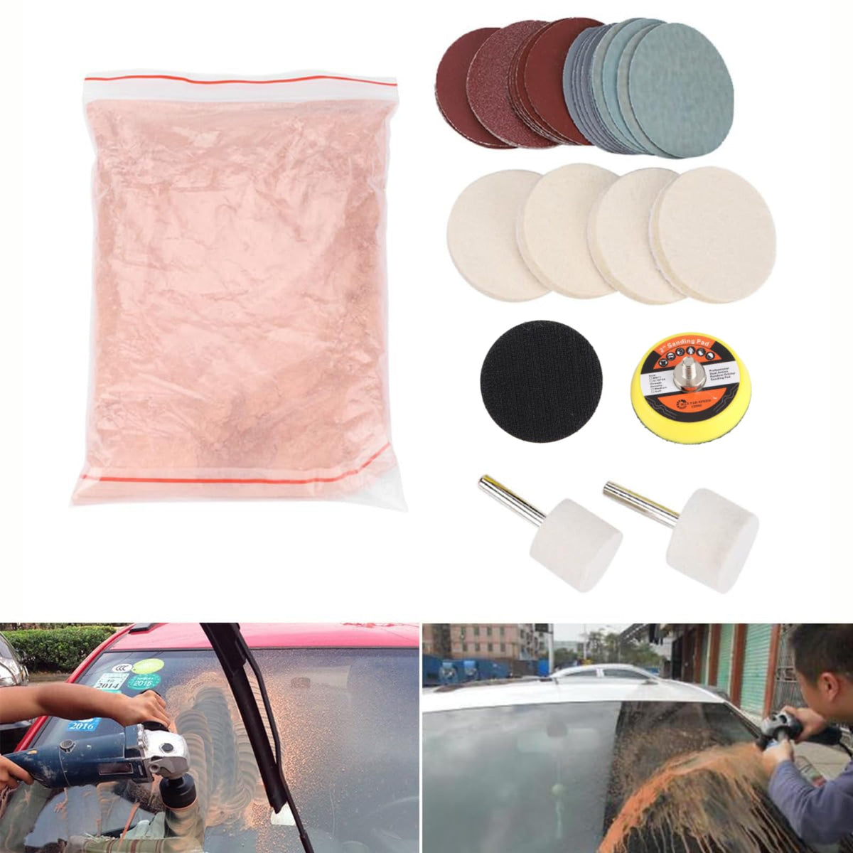 Windshield Scratch Remover Glass Polishing Kit Abrasive Discs Felt Pads for Auto Windshield Repair