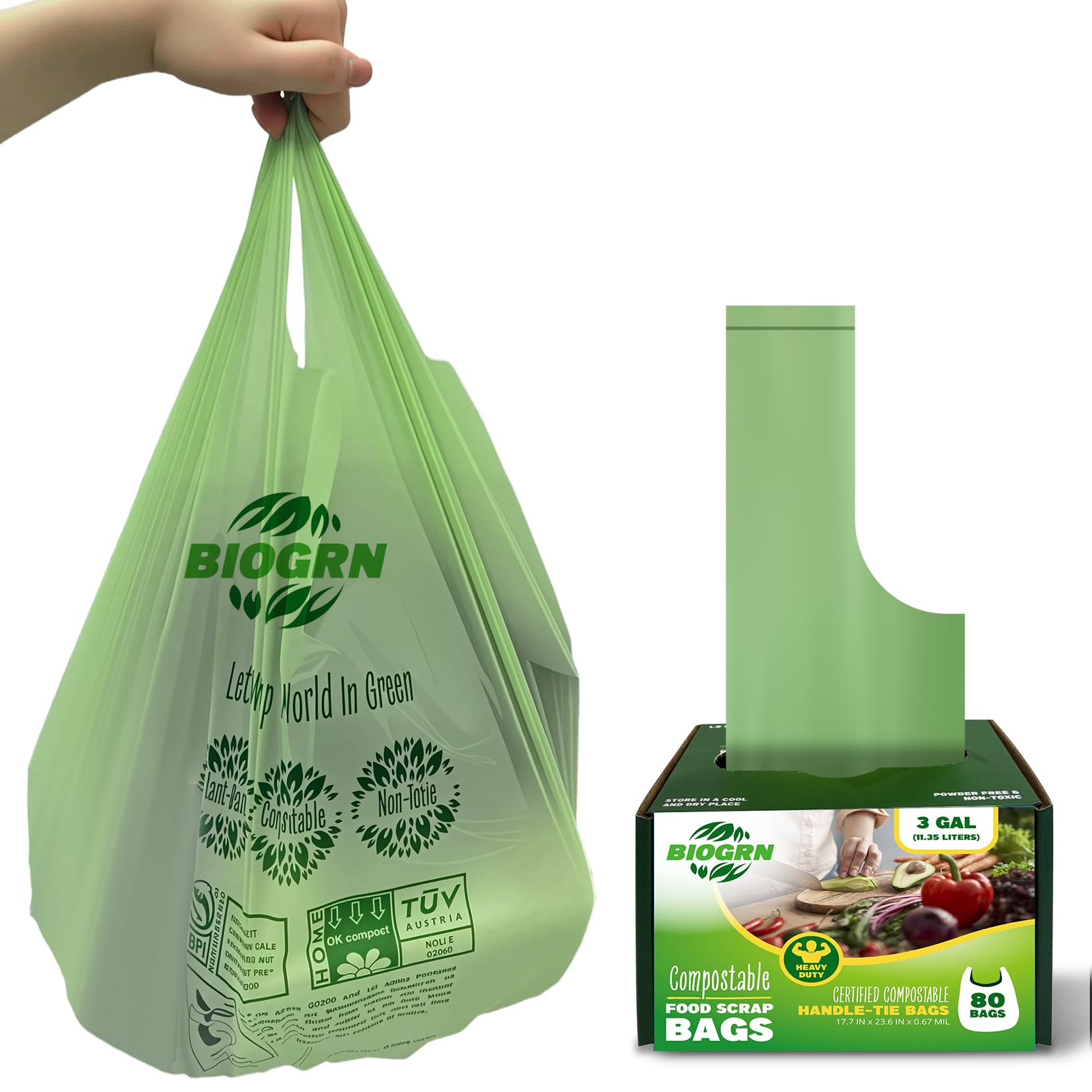 2.6 3 Gallon Compostable Trash Bags with Handles 80 Count 0.67 Mil 11.36 L Small Kitchen Wet Food Scrap Waste Compost Bag for Countertop Bin ASTM D6400 US BPI and OK Compost Home Certified