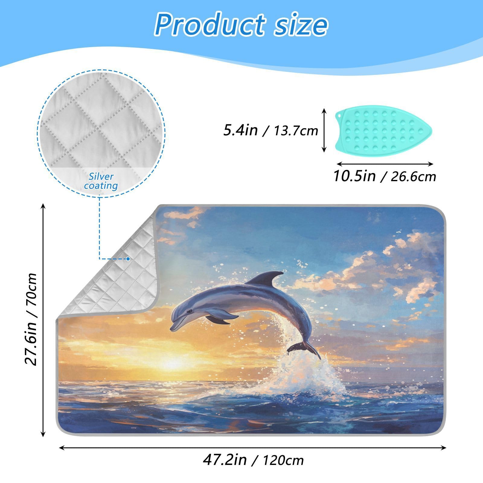 Dolphin Jumping Sunset Blue Ironing Mat Thickened Ironing Blanket Travel Portable Double