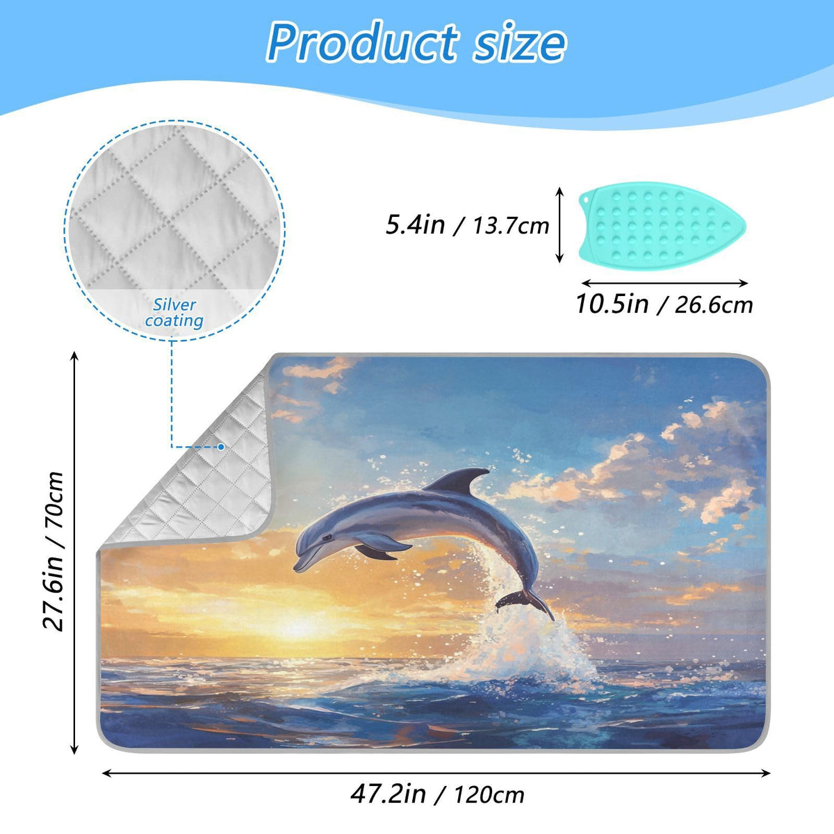 Dolphin Jumping Sunset Blue Ironing Mat Thickened Ironing Blanket Travel Portable Double