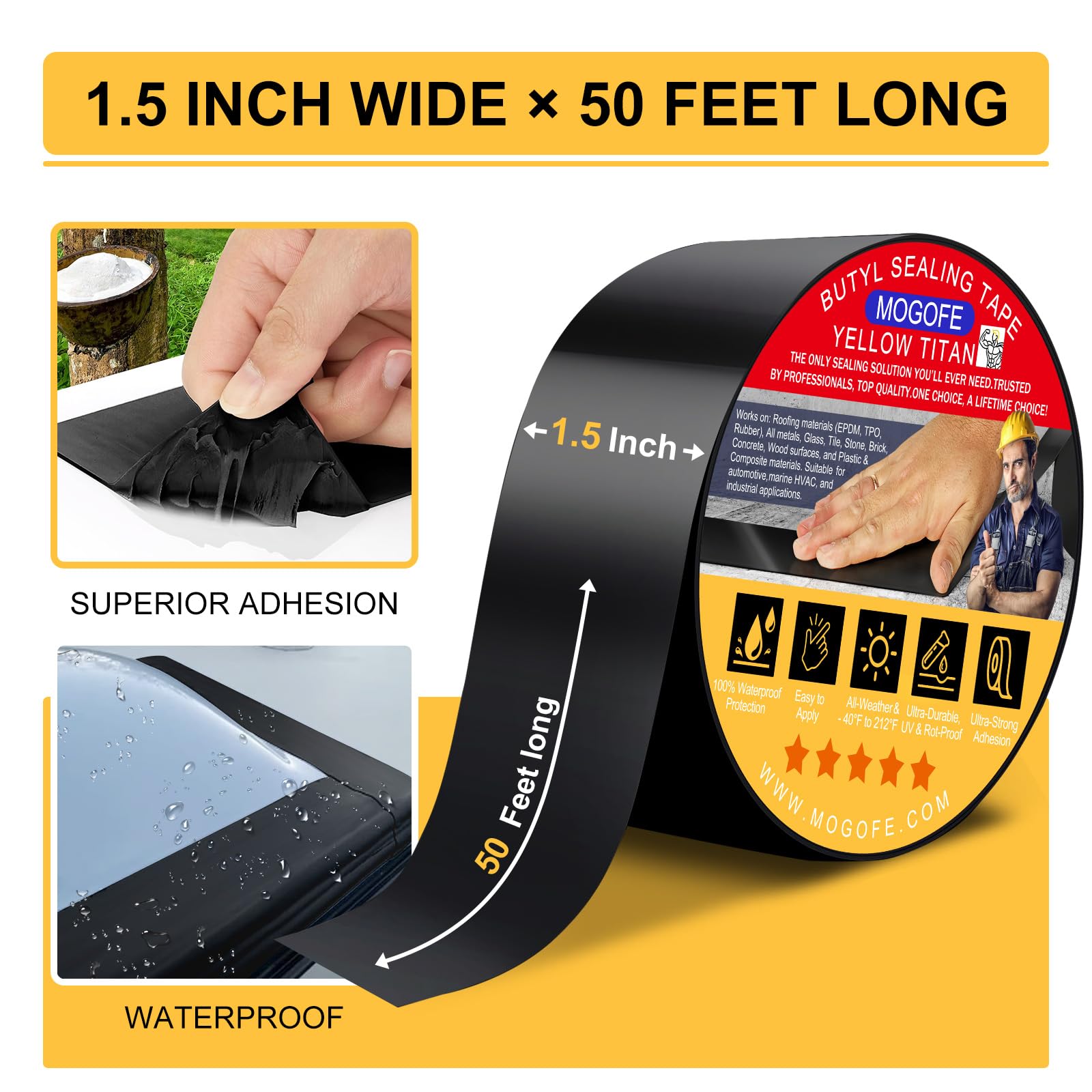 Yellow Titan RV Roof Sealant Tape Black 1.5" x 50' Waterproof Tape (50 Foot)