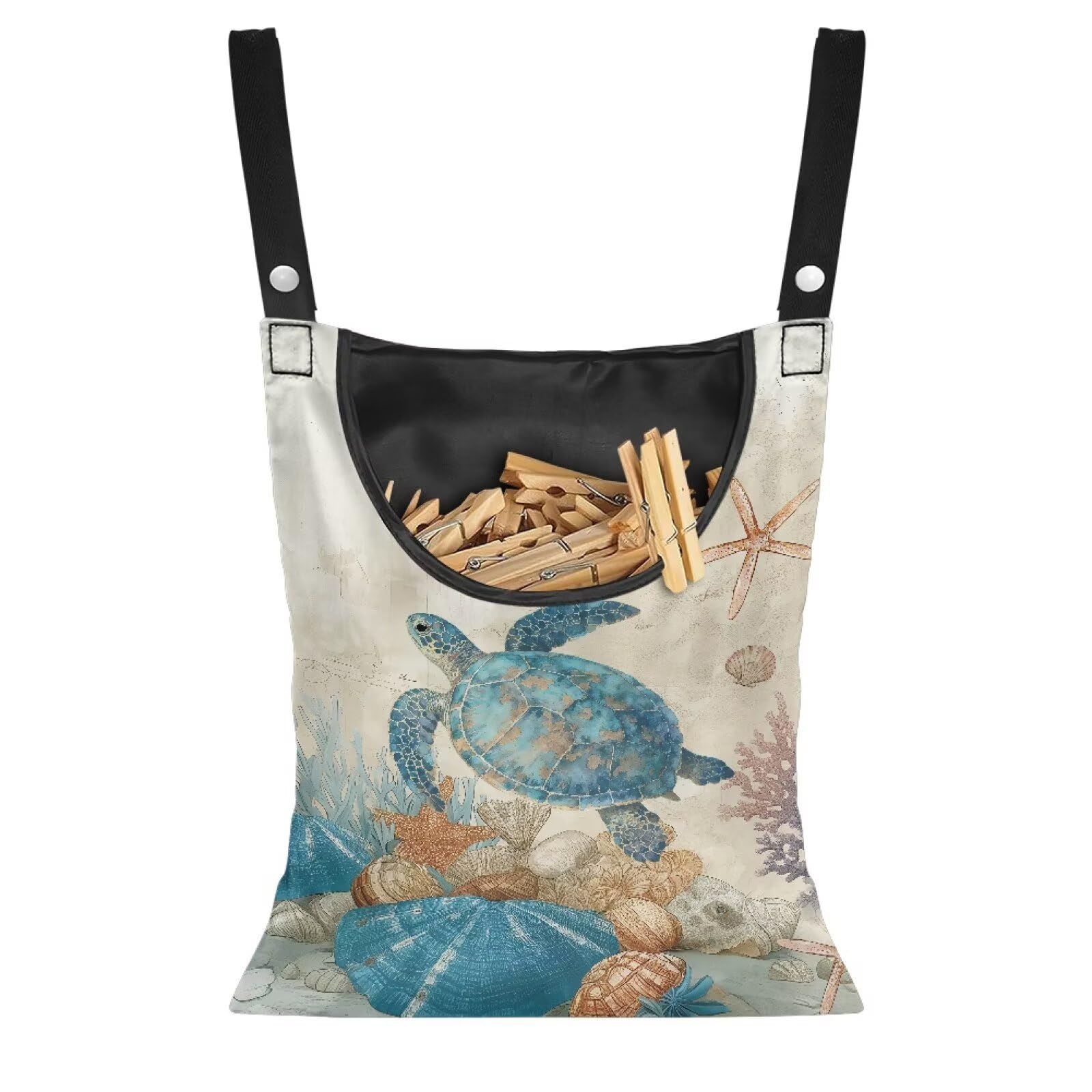 Blue Sea Turtle Clothespin Bag with Hanging Hook Clothes Pin Holder Waterproof Clothespin Storage Organizer with Large Opening Clothespin Bag for Clothesline Outdoor