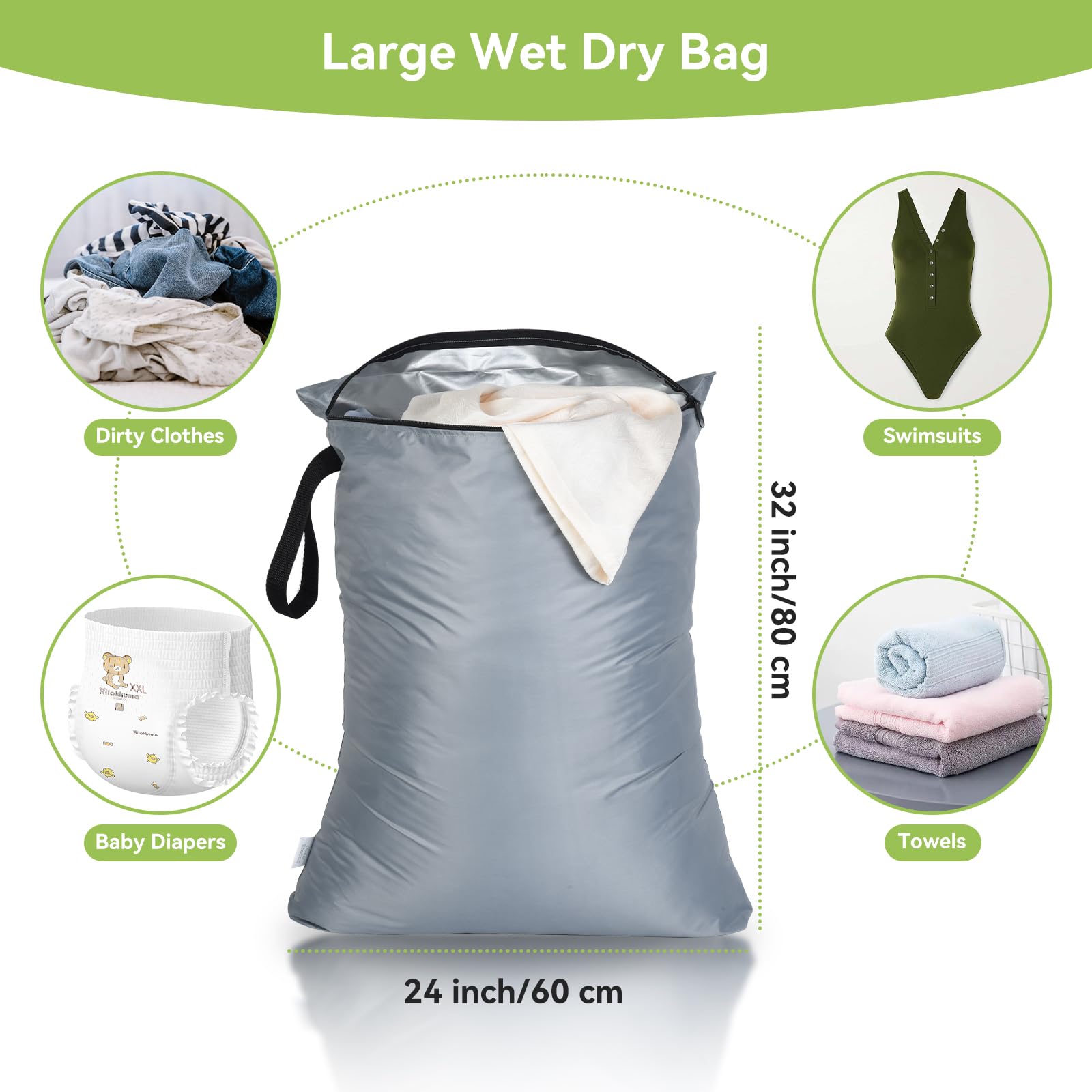 2Pcs Exlarge Wet Bag 24x32 inch Reusable Waterproof Wet Dry Bag with Zipper Handle Wet Clothes Washable Laundry Bag for Travel Swimsuit Beach Drying do not exceed 176℉ Black & Grey (2 Count)