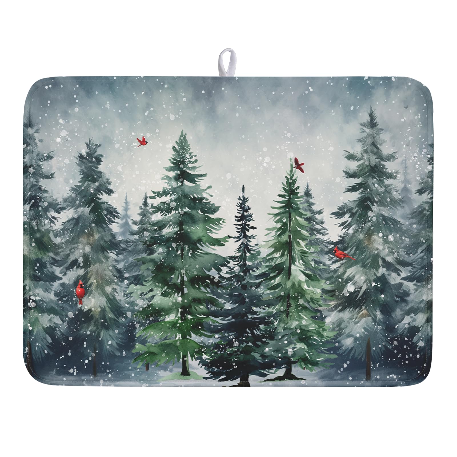 Winter Dish Drying Mat for Kitchen Counter Winter Pine Tree Dish Drying Mat 18x24 Inch Red Bird Christmas Dish Draining Mat Absorbent Reversible Dish Pad Kitchen Accessories Table Protector