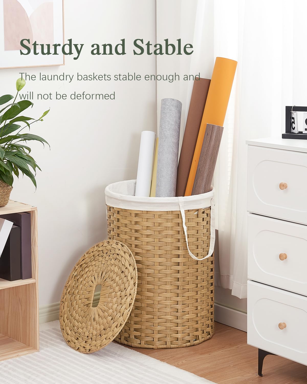 Laundry Basket with Lid Round 29.1 Gal PE Rattan