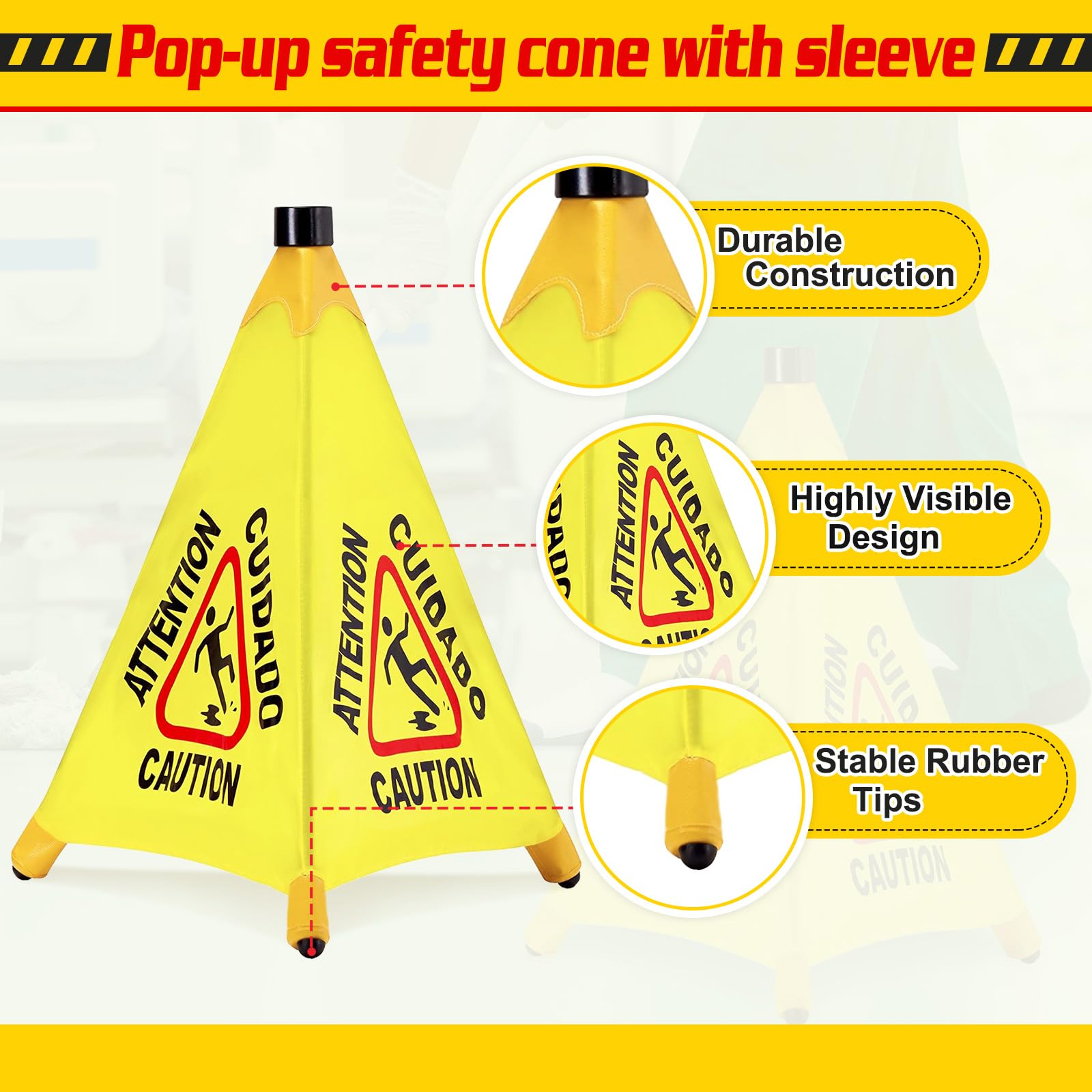 4 Pcs Pop up Wet Floor Sign with Storage Tube 20 Inch Wet Safety Signs Commercial Caution Safety Cone Pop up Caution Sign for Commercial Stores Grocery Restaurant Restroom Office Use (4 Count)