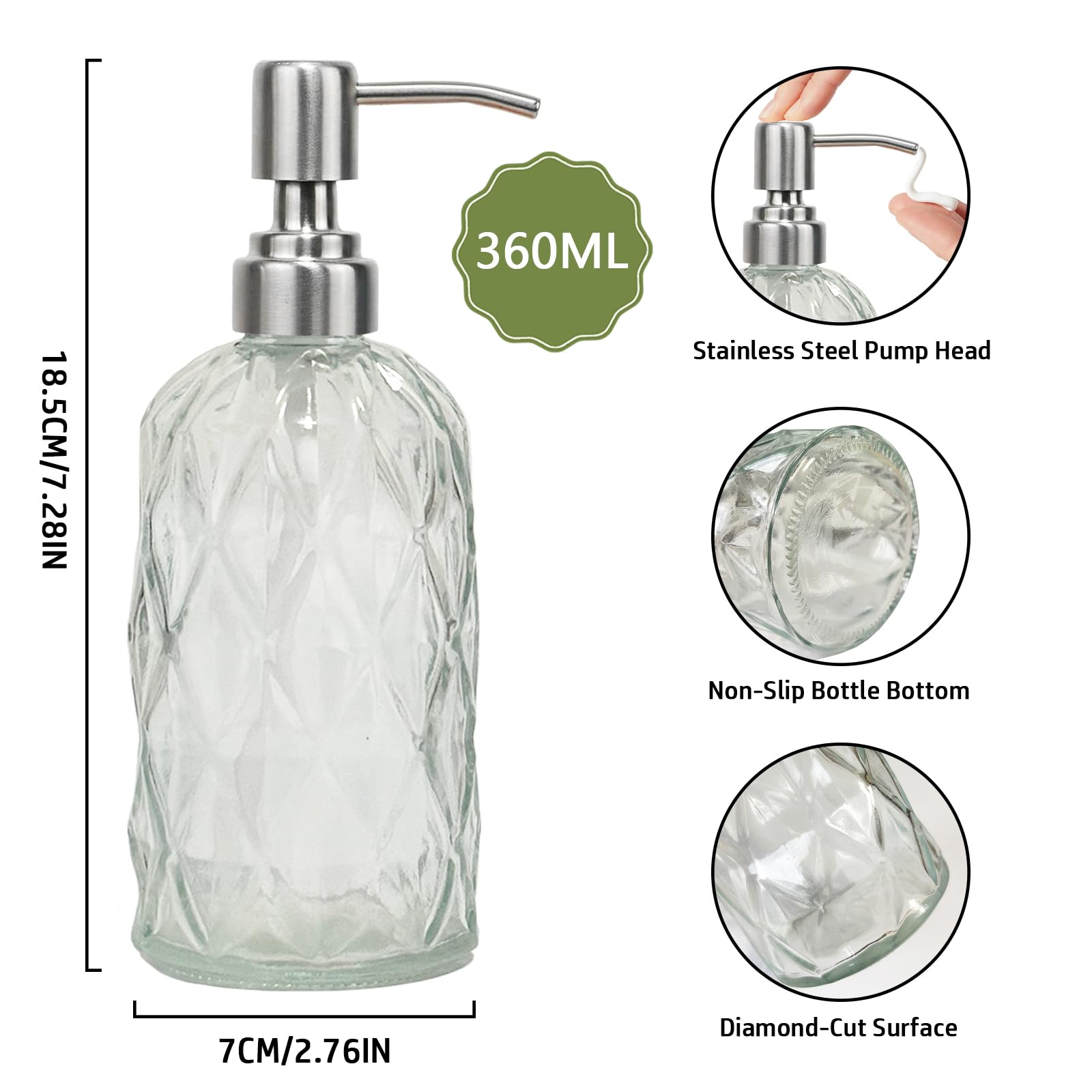 12Oz Clear Glass Soap Dispenser with Stainless Steel Pump