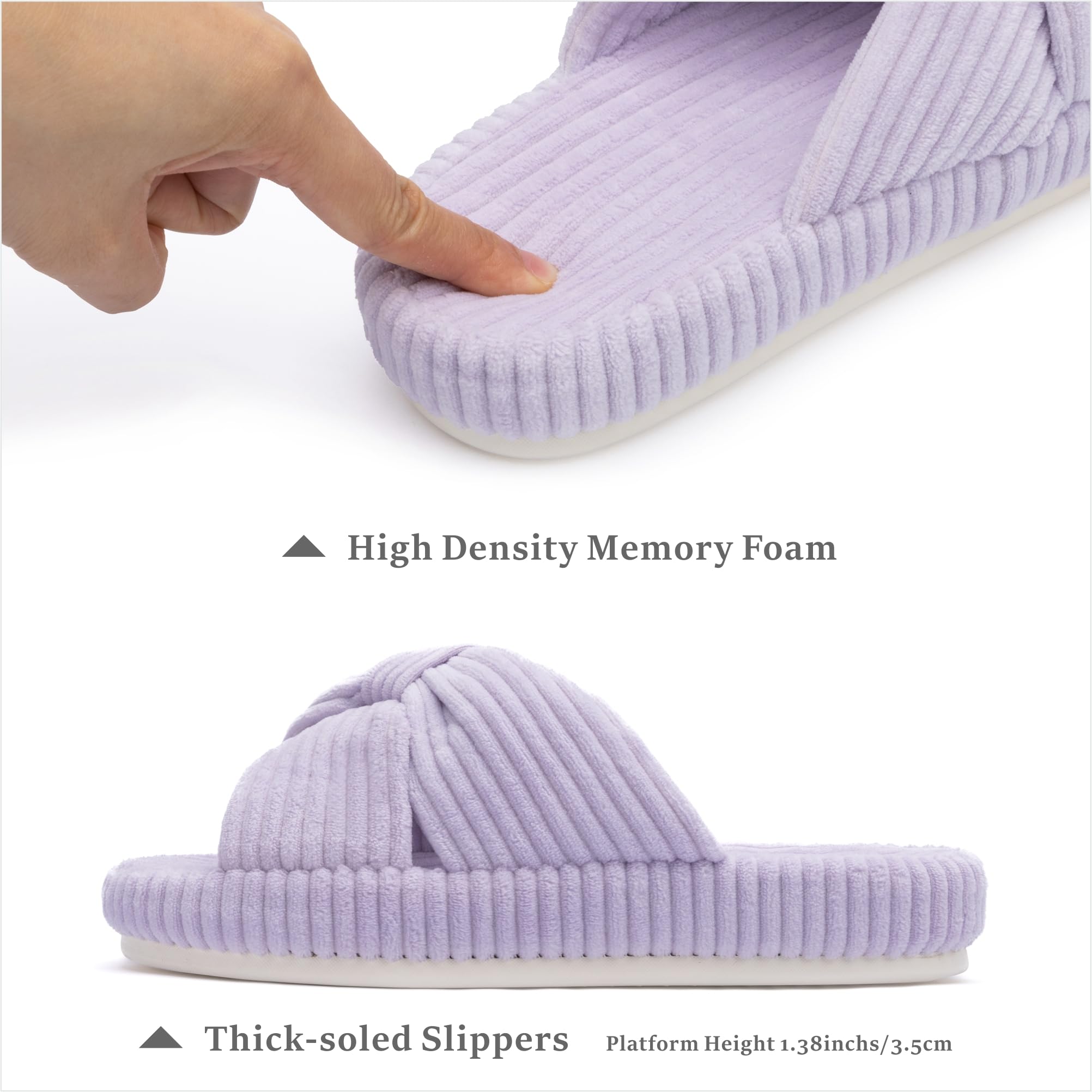 Slippers for Women Memory Foam House Bedroom Corduroy Bow Crossbands Slipper Shoes Comfy Trendy Gift Slippers Light Purple Size 5 6 5.5