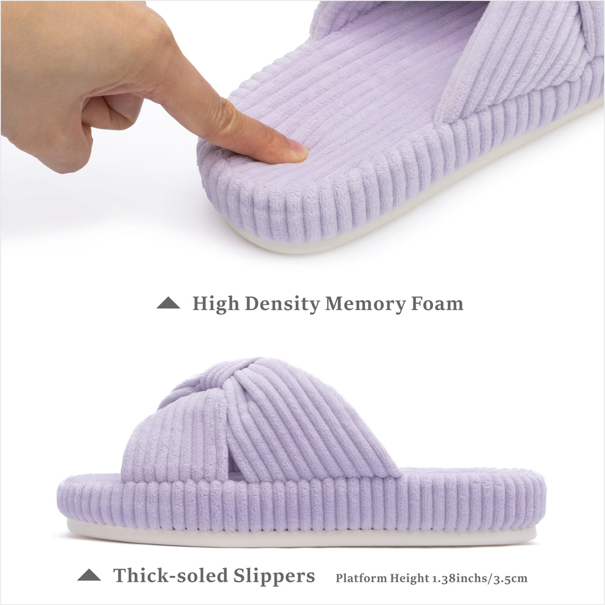 Slippers for Women Memory Foam House Bedroom Corduroy Bow Crossbands Slipper Shoes Comfy Trendy Gift Slippers Light Purple Size 11 12 10.5