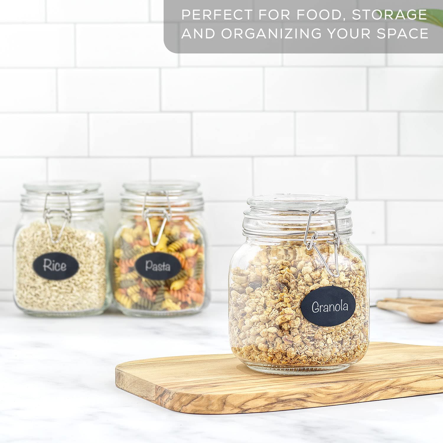 Airtight Glass Jars with Lids Set of 3. 32oz Glass Jar with Lid and 6 Silicone Seals! Med Glass Food Storage Containers. Square Mason Jar (3 Count)