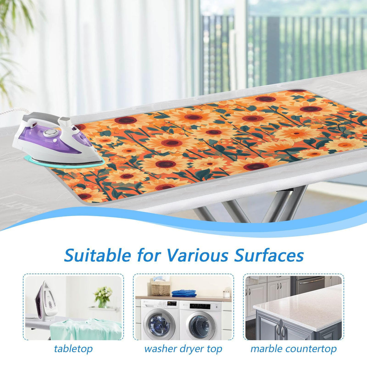 Orange Sunflowers and Poppy Flowers Ironing Mat Portable Ironing Pad Blanket with Silicone Iron Rest for Table Top Travel Heat Resistant Double