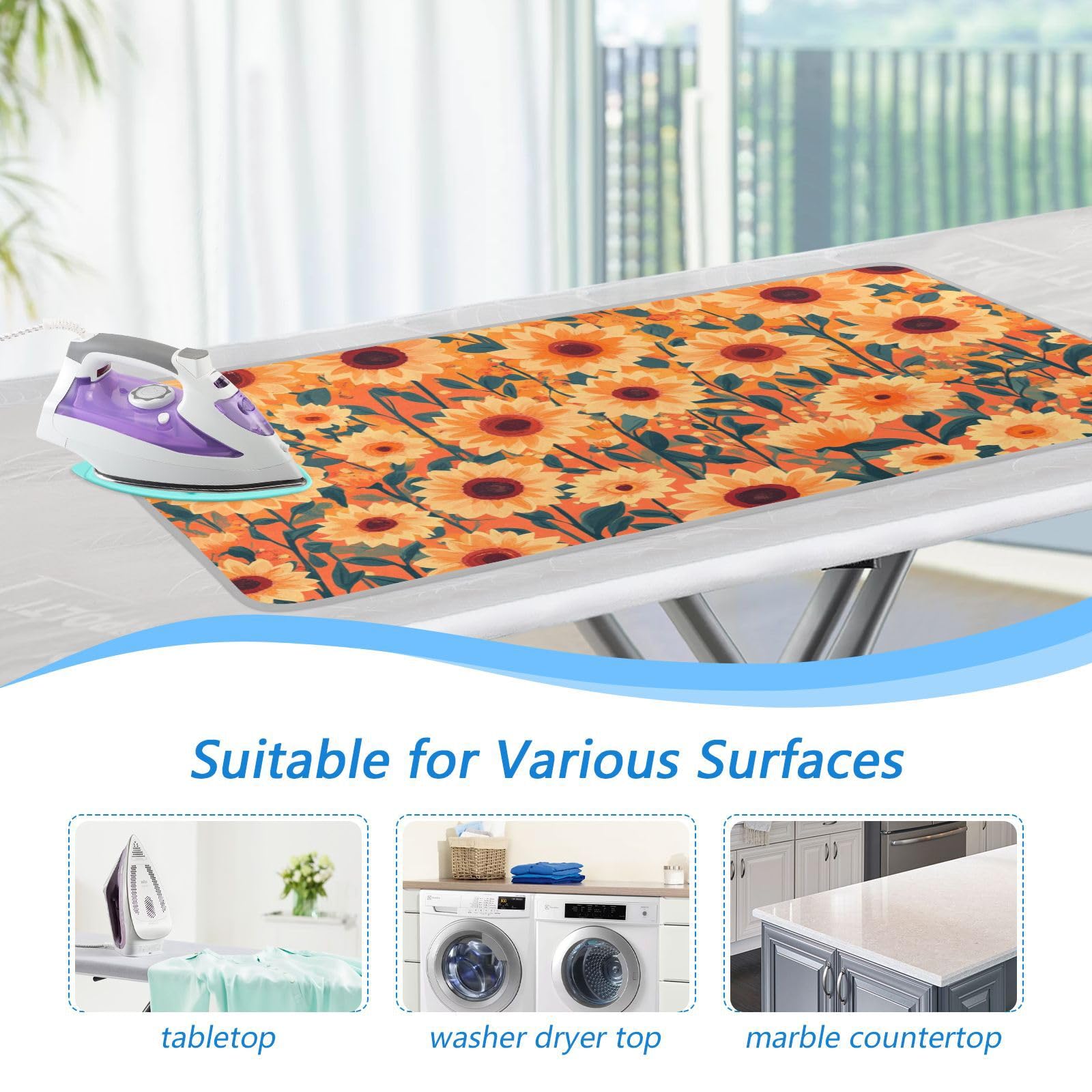 Orange Sunflowers and Poppy Flowers Ironing Mat Portable Ironing Pad Blanket with Silicone Iron Rest for Table Top Travel Heat Resistant Double