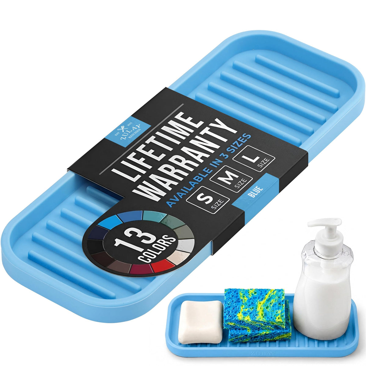 9x3.5) Silicone Sponge Holder for Kitchen Sink - Flexible Multipurpose Kitchen Soap Tray Sponge Holder - Sink Organizer Tray for Kitchen, Bathroom, Makeup, Trinkets & More (Blue)