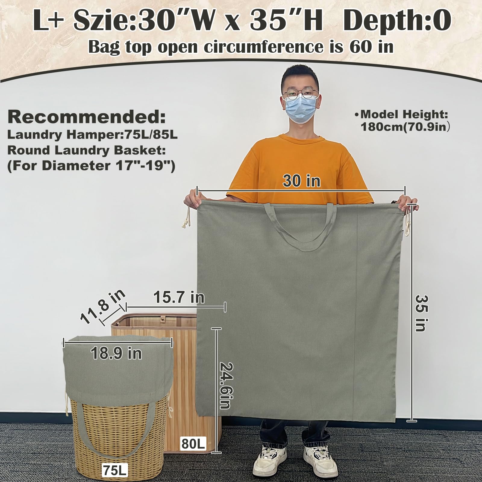 Cotton Canvas Laundry Bag 30"Wx 35"H with Handles Drawstring