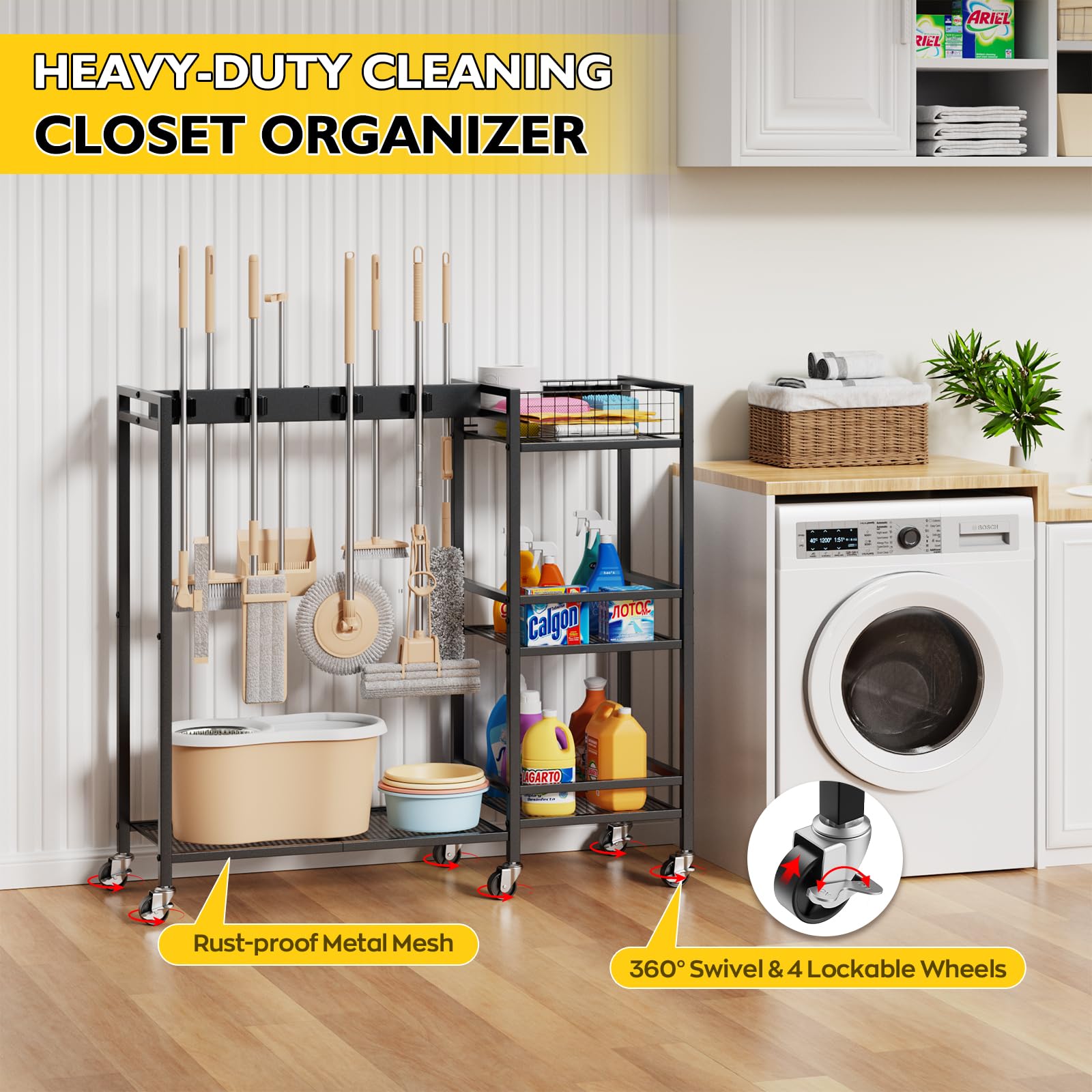 Broom Holder with Cleaning Supplies Organizer