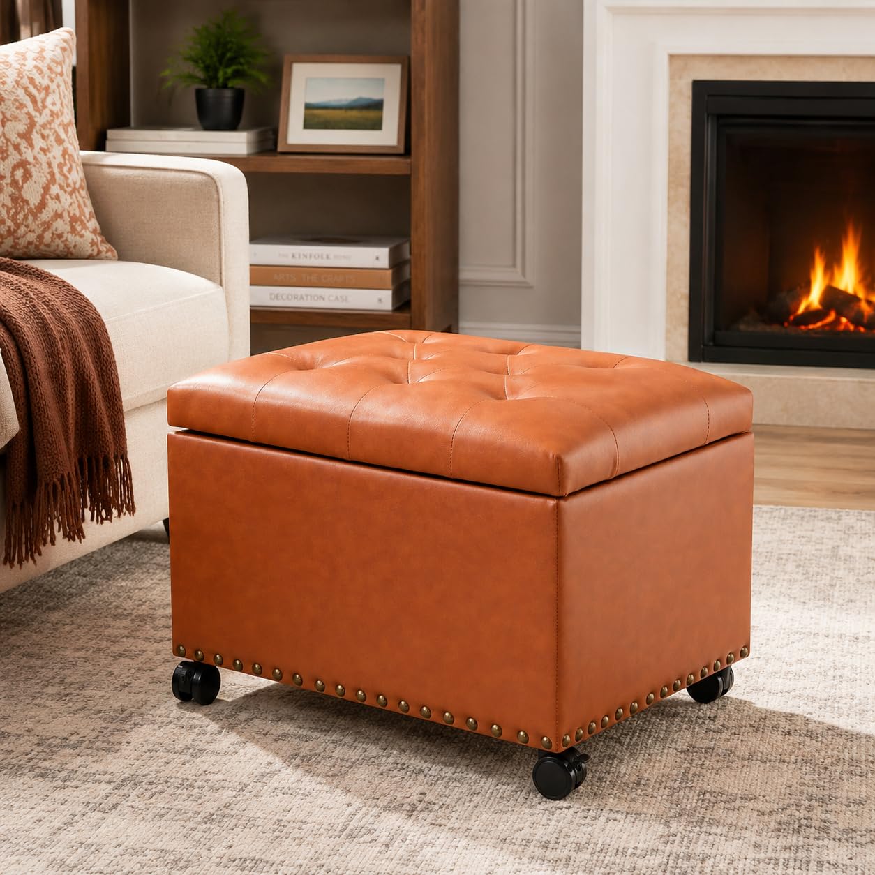 PU Leather Rolling Storage Ottoman