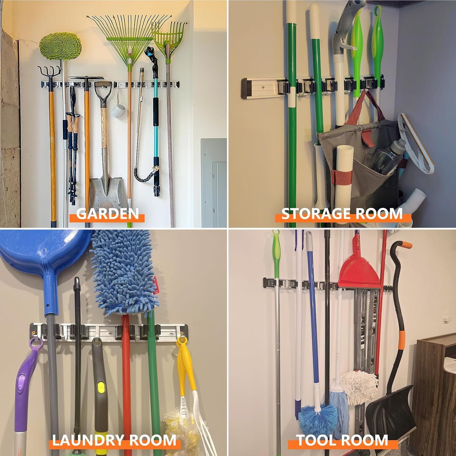 Broom Holder Wall Mount Mop Hanger Tools organizer 4Racks 5Hooks