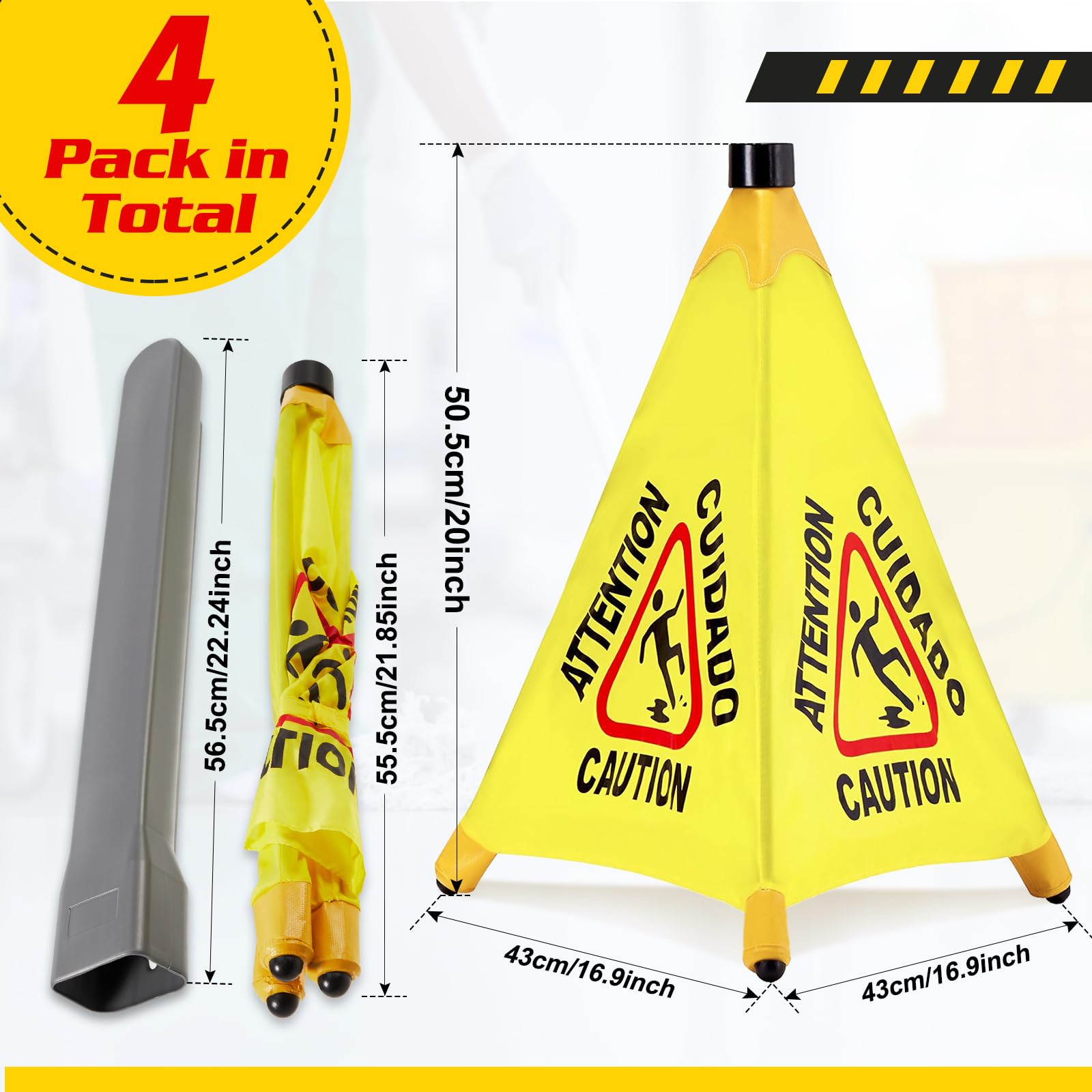 4 Pcs Pop up Wet Floor Sign with Storage Tube 20 Inch Wet Safety Signs Commercial Caution Safety Cone Pop up Caution Sign for Commercial Stores Grocery Restaurant Restroom Office Use (4 Count)