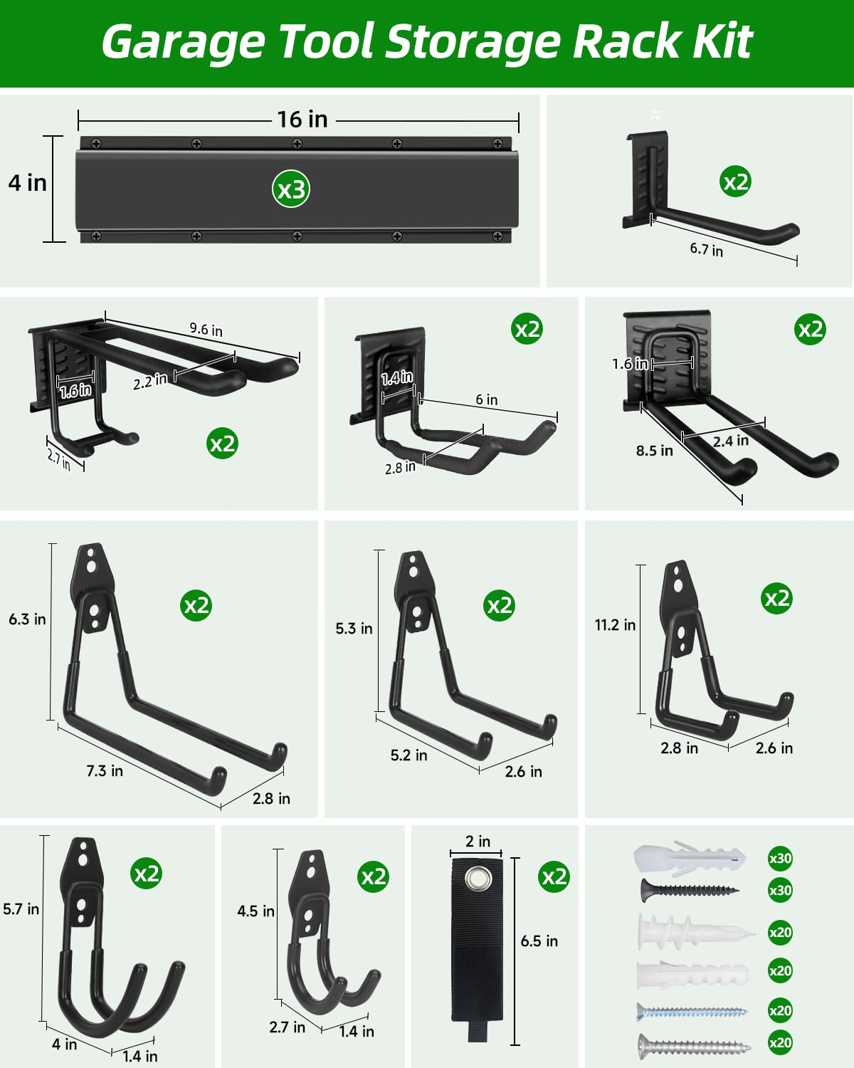 Garden Tool Organizer 48 inches with 18 Garage Wall Hooks in 9 Types (70.4 Ounce)