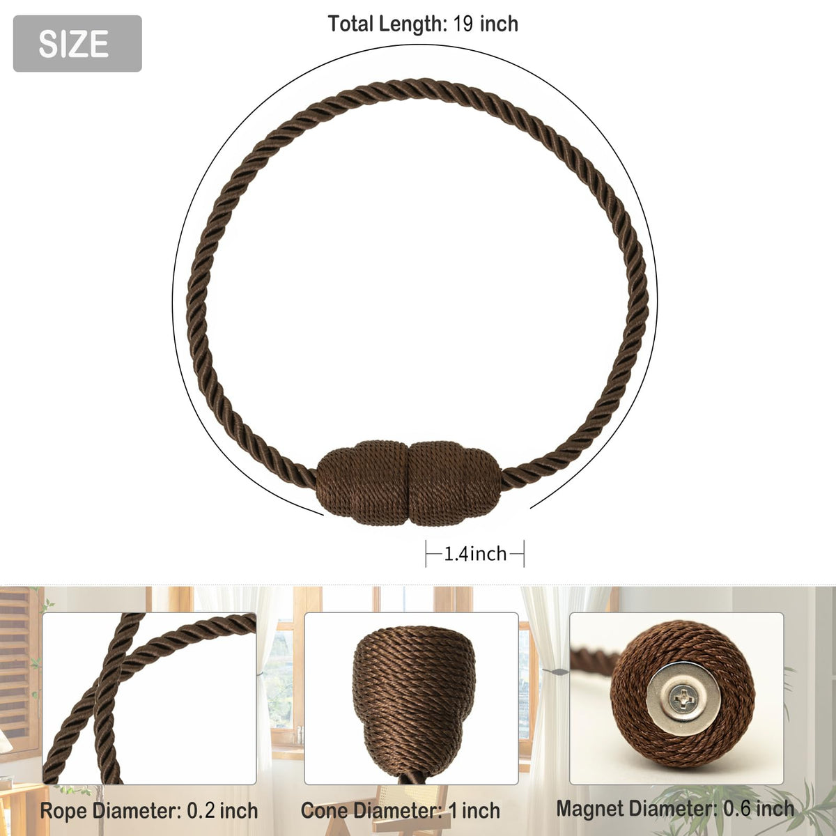 Magnetic Curtain Tiebacks Rope Tie Backs 4 Pack Decorative Window Holdbacks