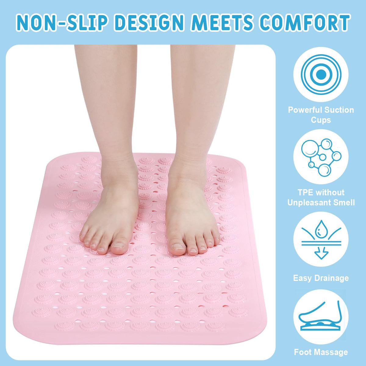 6 Pcs Non Slip Bath Mats 27.6x14.2 Inches TPE Bathtub Mats with Suction Cups Drain Holes Textured Surface Anti Slip Shower Pad for Bathroom Tub Adults Elderly Home Hotel (6 Count)