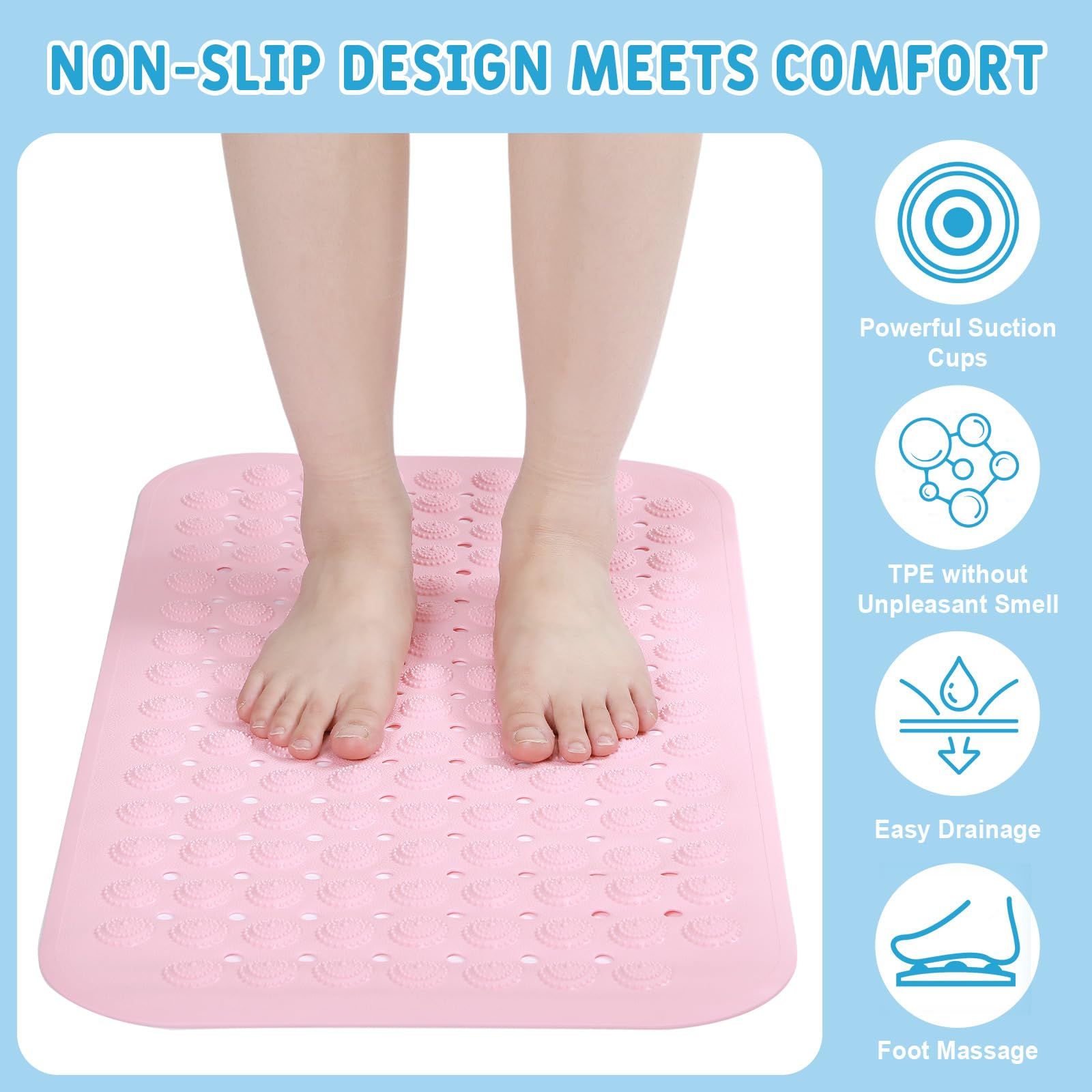 12 Pcs Non Slip Bath Mats 27.6x14.2 Inches TPE Bathtub Mats with Suction Cups Drain Holes Textured Surface Anti Slip Shower Pad for Bathroom Tub Adults Elderly Home Hotel (12 Count)