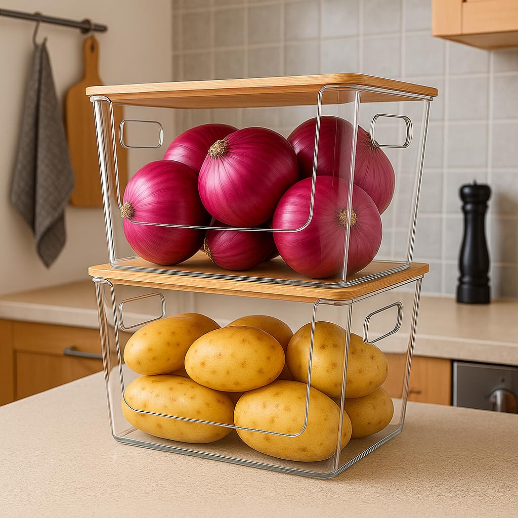 6 Pack Clear Stackable Storage Bins with Bamboo Lids (6 Count)