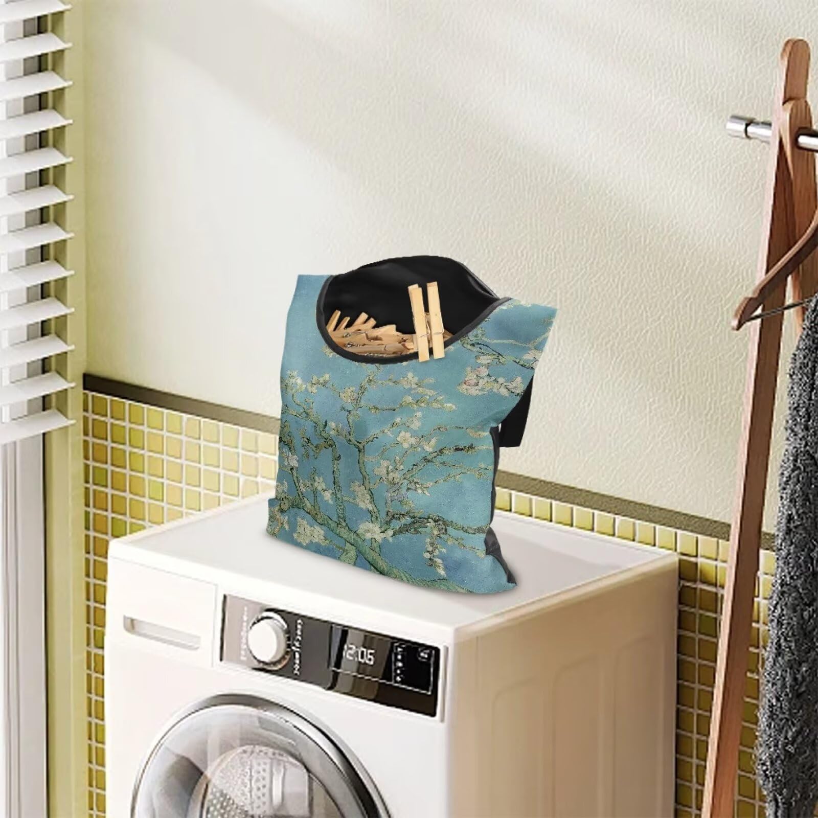 Almond Blossom Print Max Capacity Clothespin Storage Bag 14.5x12in