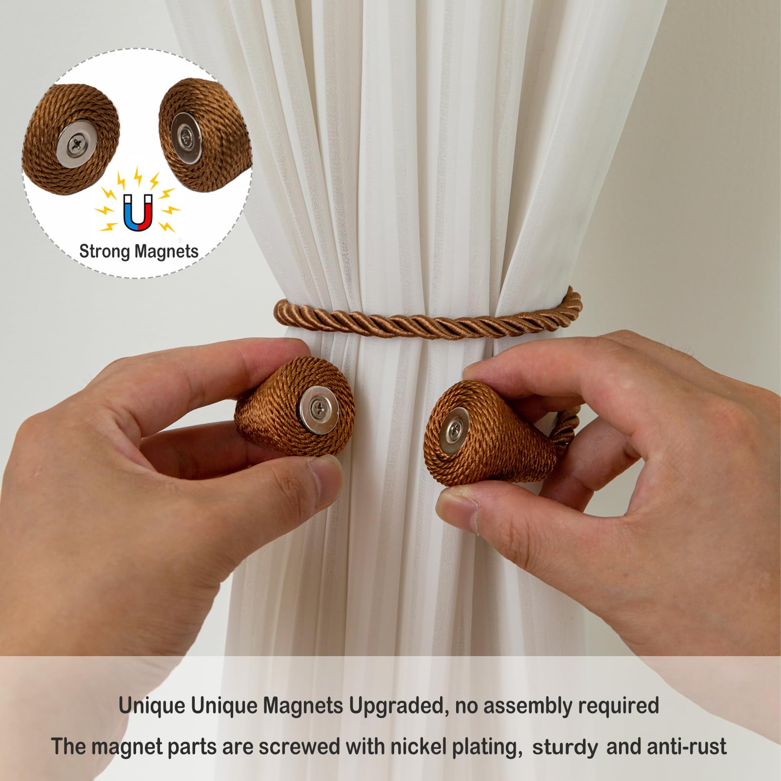 Magnetic Curtain Tiebacks 4 Pack Outdoor Rope Curtain Tie Backs Decorative Window Treatment Holdbacks for Home Decorative Curtain (4 Count)