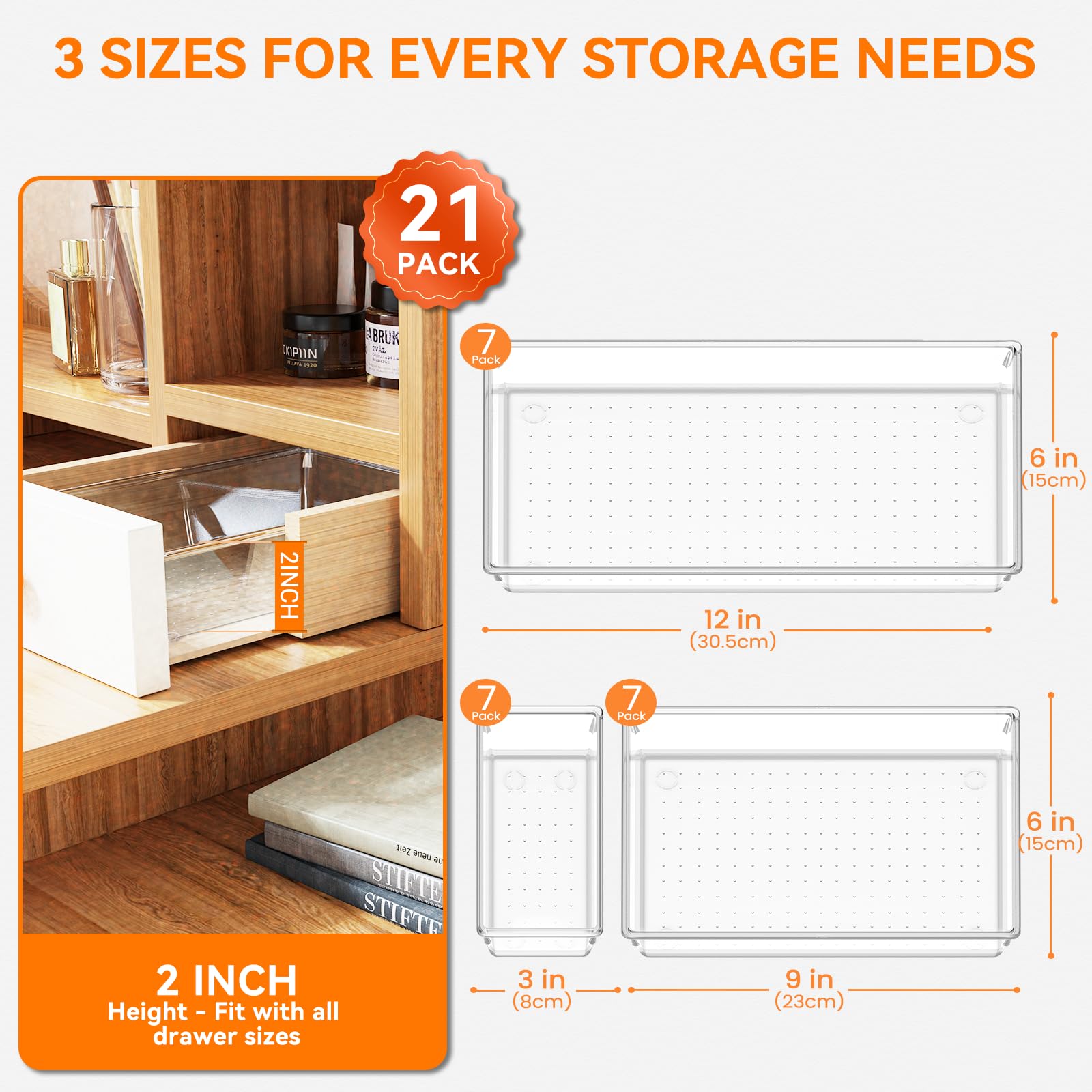 21 Pack Large Clear Plastic Drawer Organizer Trays (21 Count)