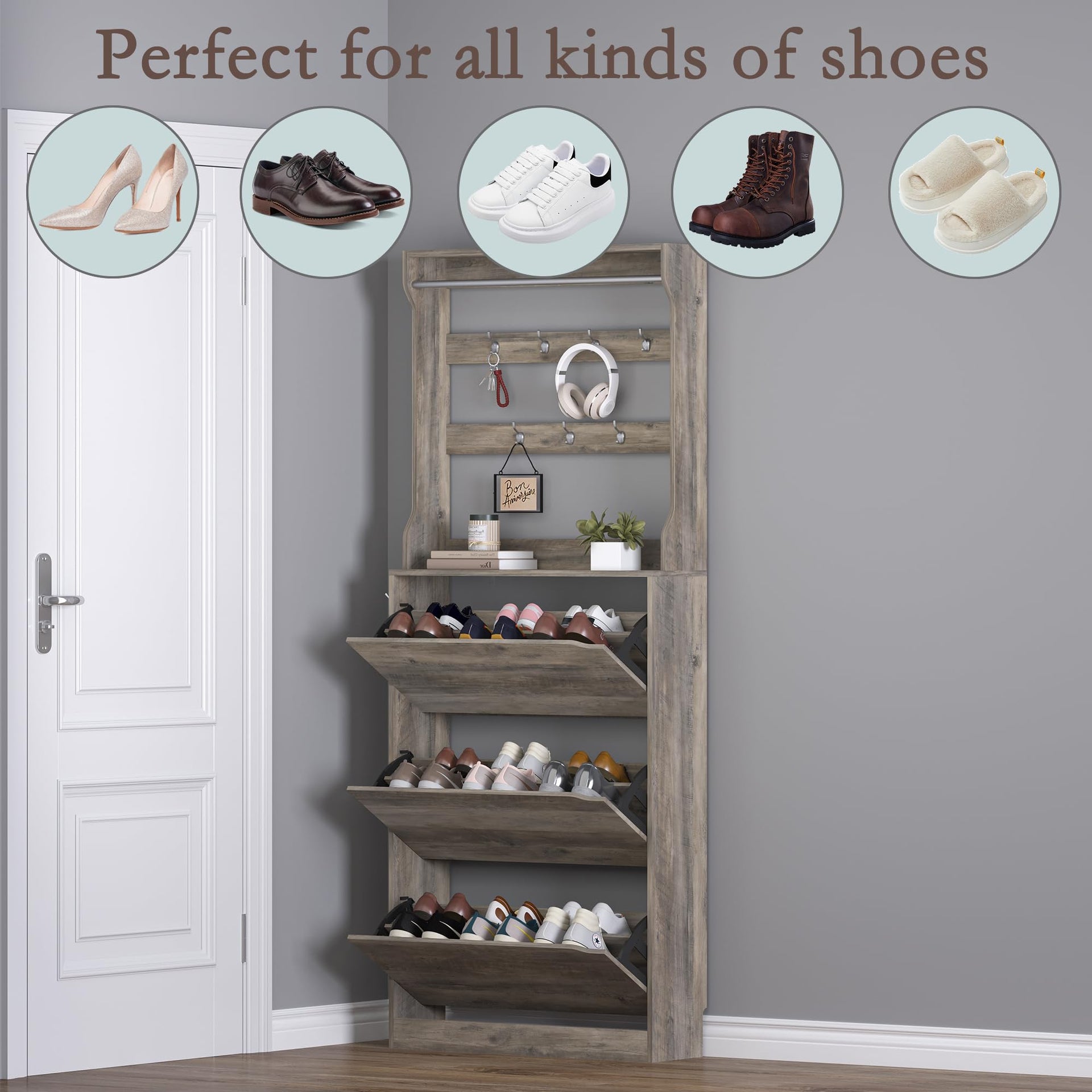 Shoe Cabinet with 3 Flip Drawers & Coat Rack