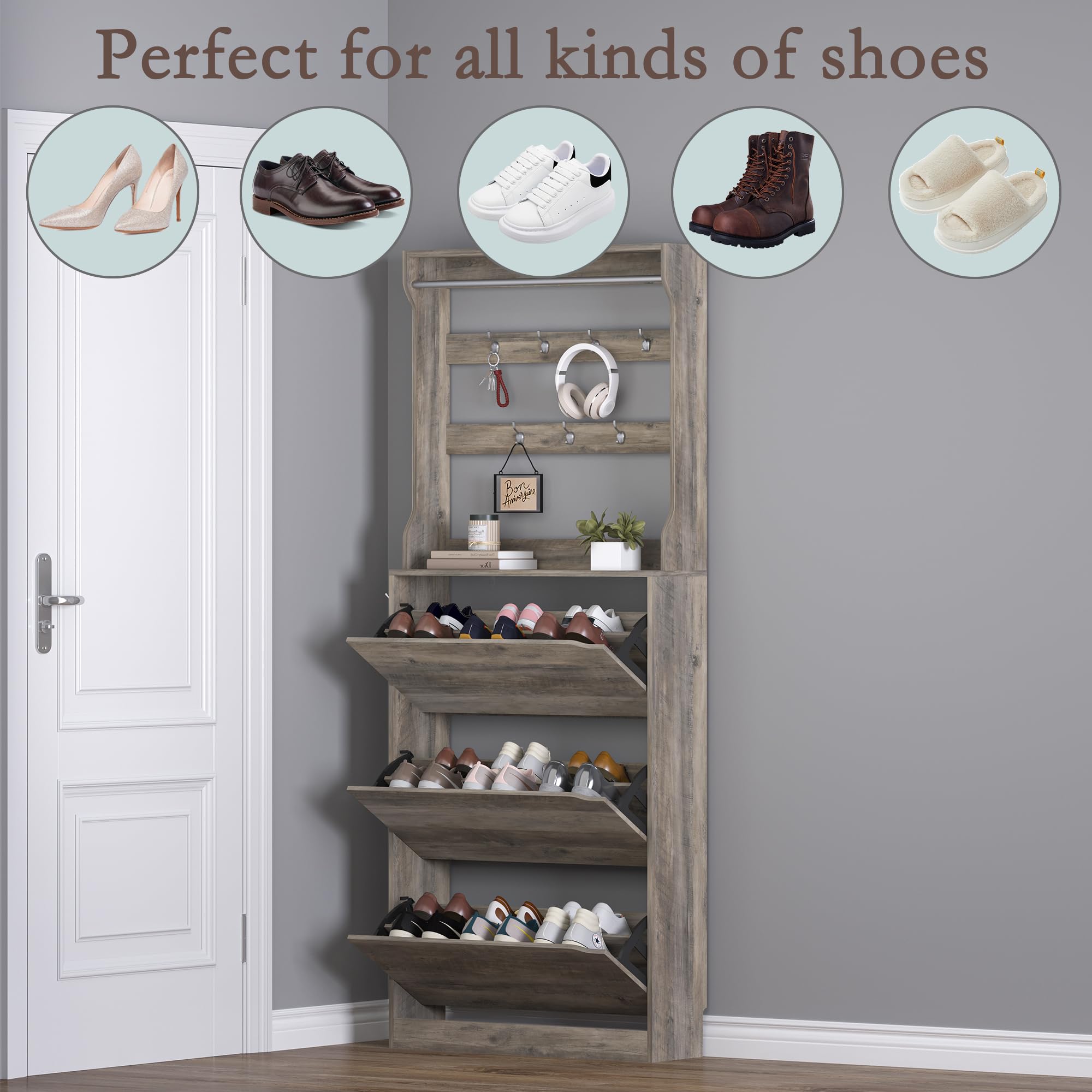 Shoe Cabinet with 3 Flip Drawers & Coat Rack
