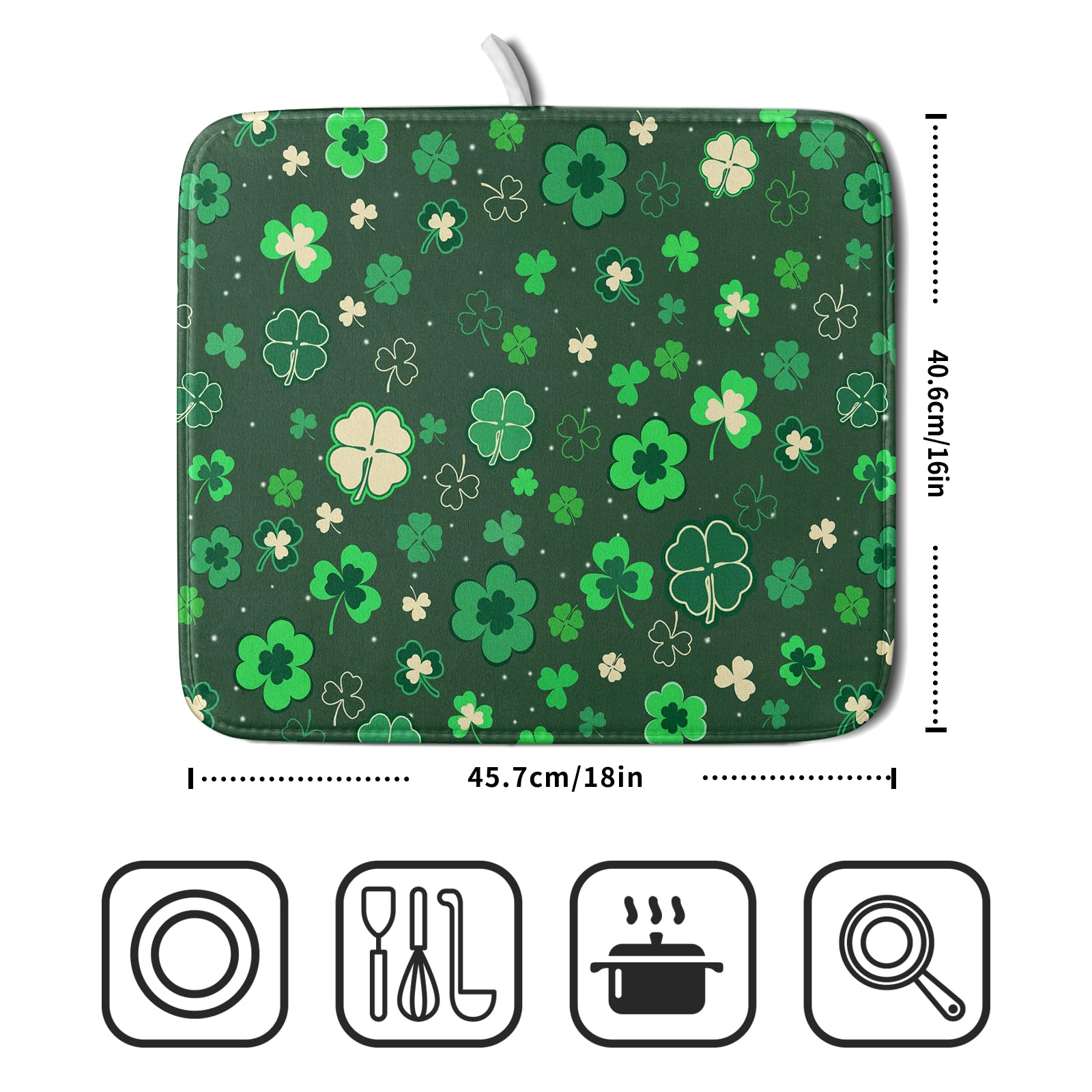 Happy St. Patrick's Day Dish Drying Mat for Kitchen Green Lucky Shamrock Clover Dish Drying Mat for Dishes Spring Irish Drying Mats 18x16 Inch Absorbent Reversible Dish Pad for Countertop Coffee Bar