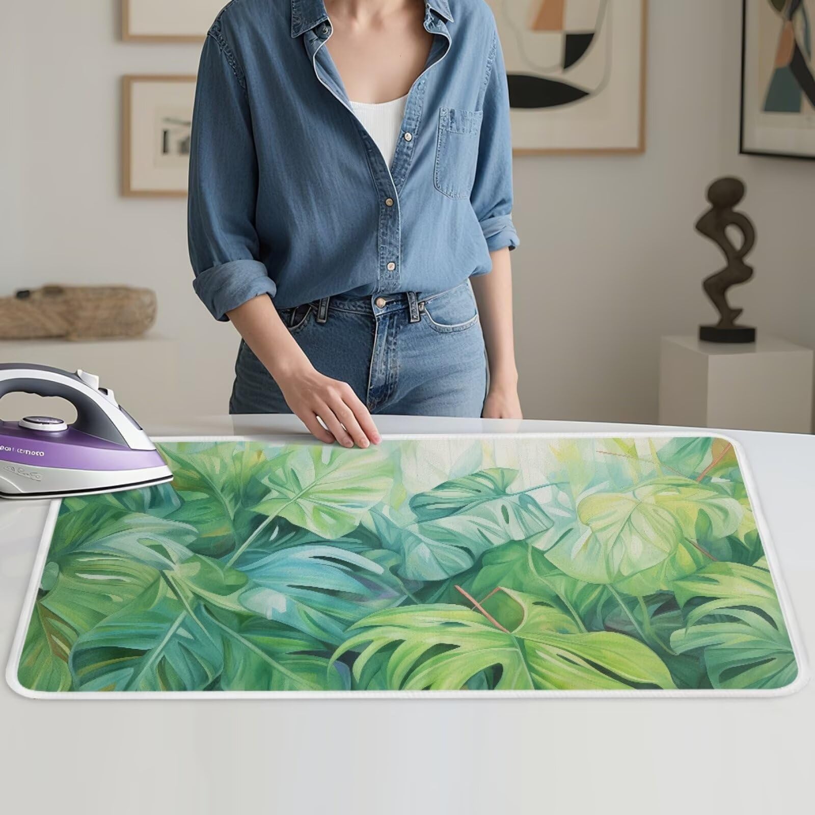 Green Ironing Mat Portable Ironing Pad Monstera Leaf 32 x 16 Inch Large Ironing Mat for Table Top of Washer