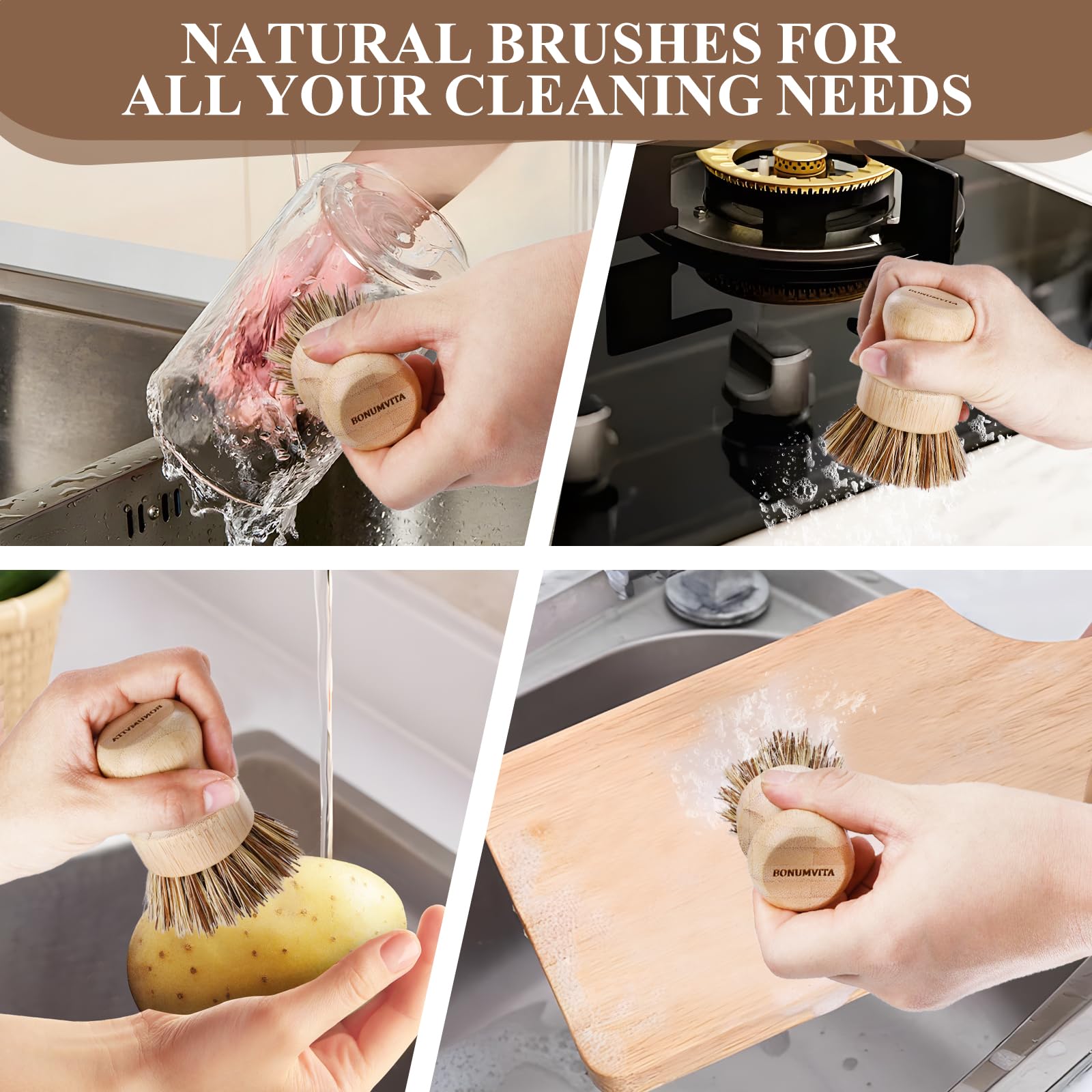BOMUMVITA 4 Pack Bamboo Dish Brush with Palm Fiber (4 Count)