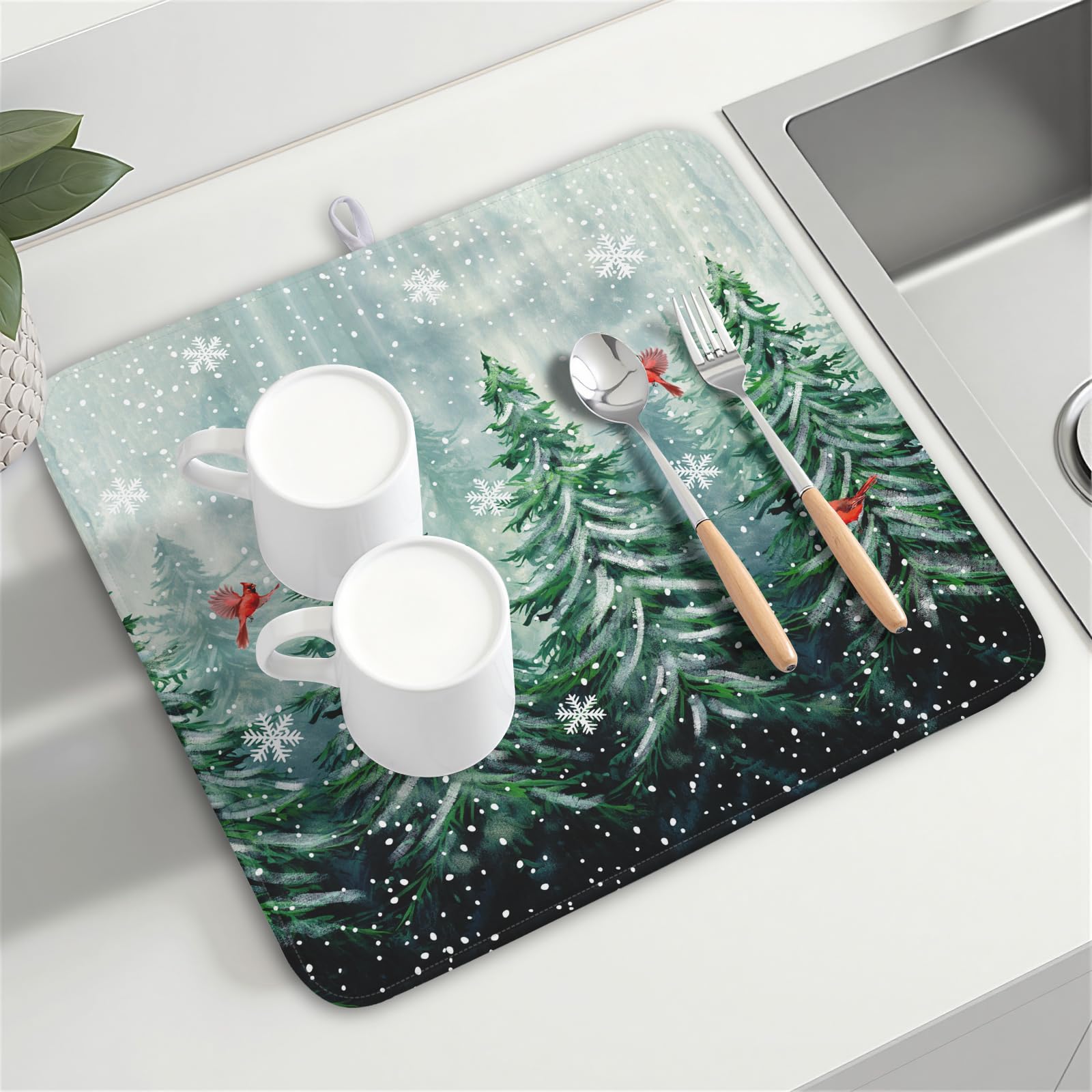 Welcome Winter Pines Tree Dish Drying Mat