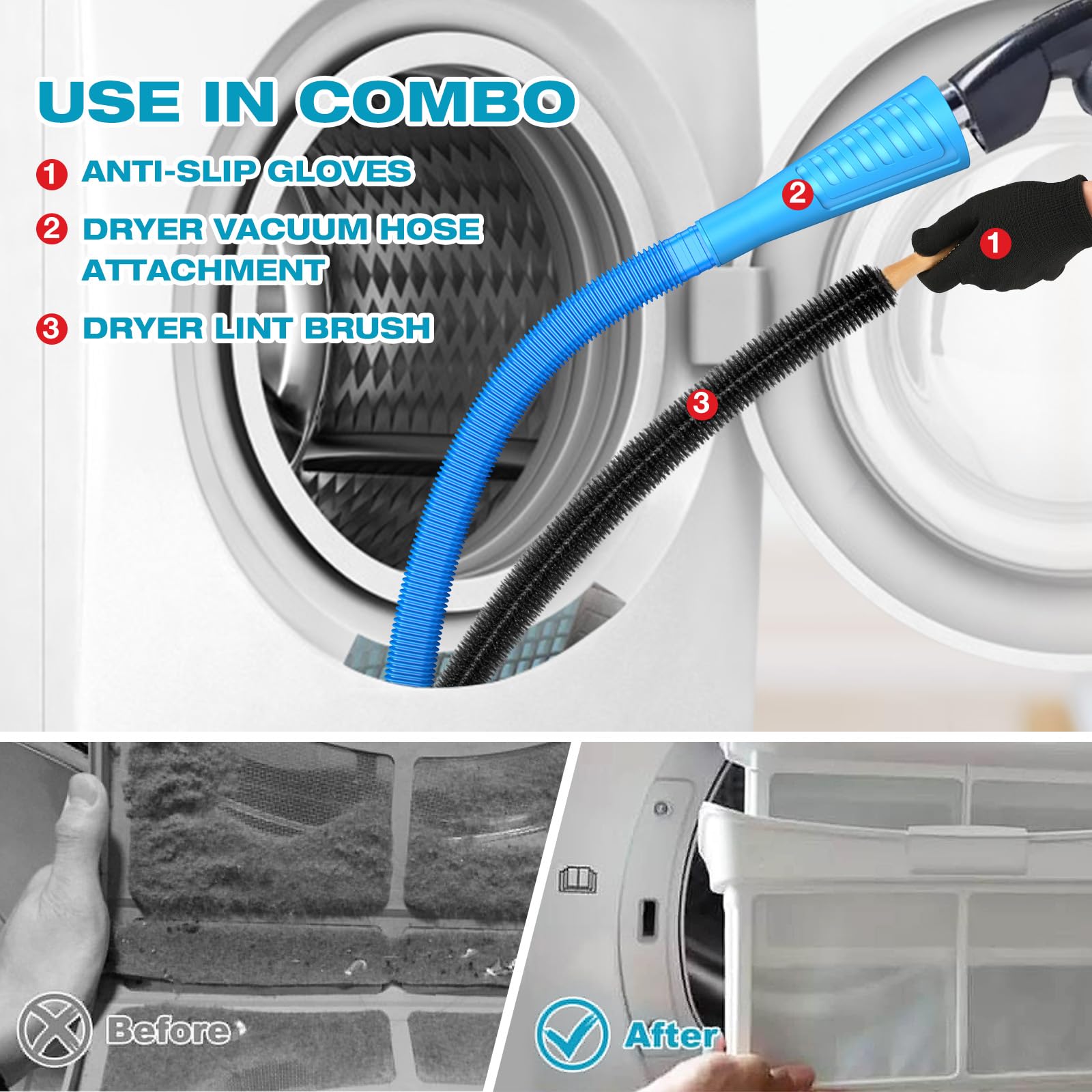 15-Piece 25-Feet Dryer Vent Cleaner Kit, Dryer Cleaning Tools, Omnidirectional Dryer Lint Vacuum Attachment, Dryer Vent Brush, Universal Vacuum & Dryer Adapters (Blue) (15 Count)