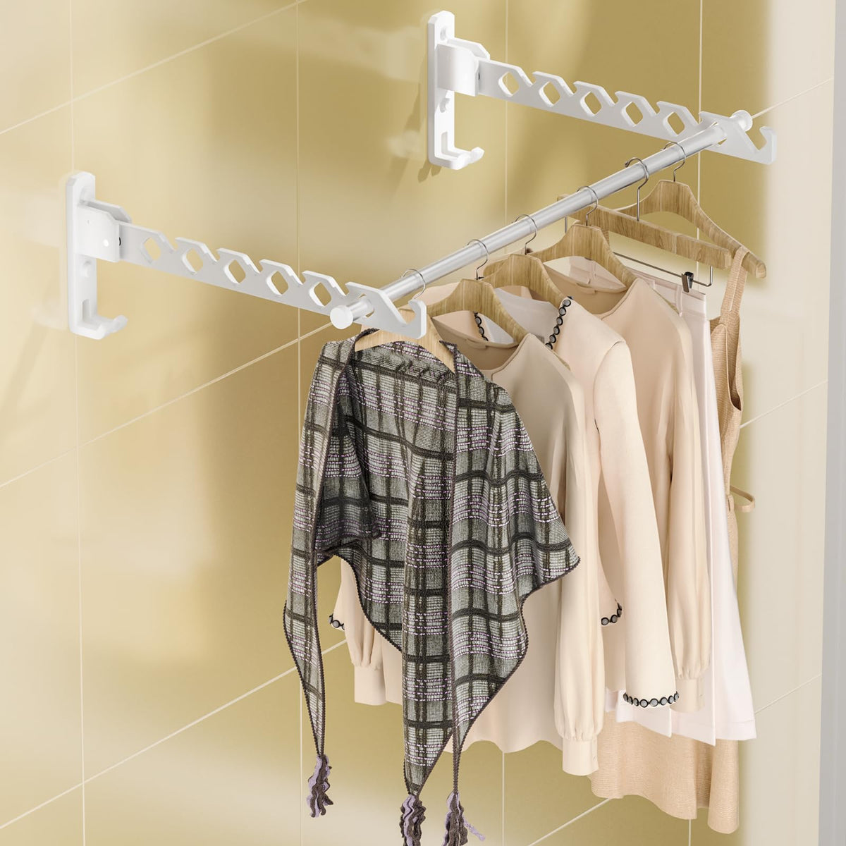 Wall Mount Coat Hanger Holder White Clothes Drying Organizer Rack Garment Hooks Aluminium Retractable Folding Indoor Wall Mounted Hanger for Laundry Room Bedroom White 2Pack with 80cm Rod