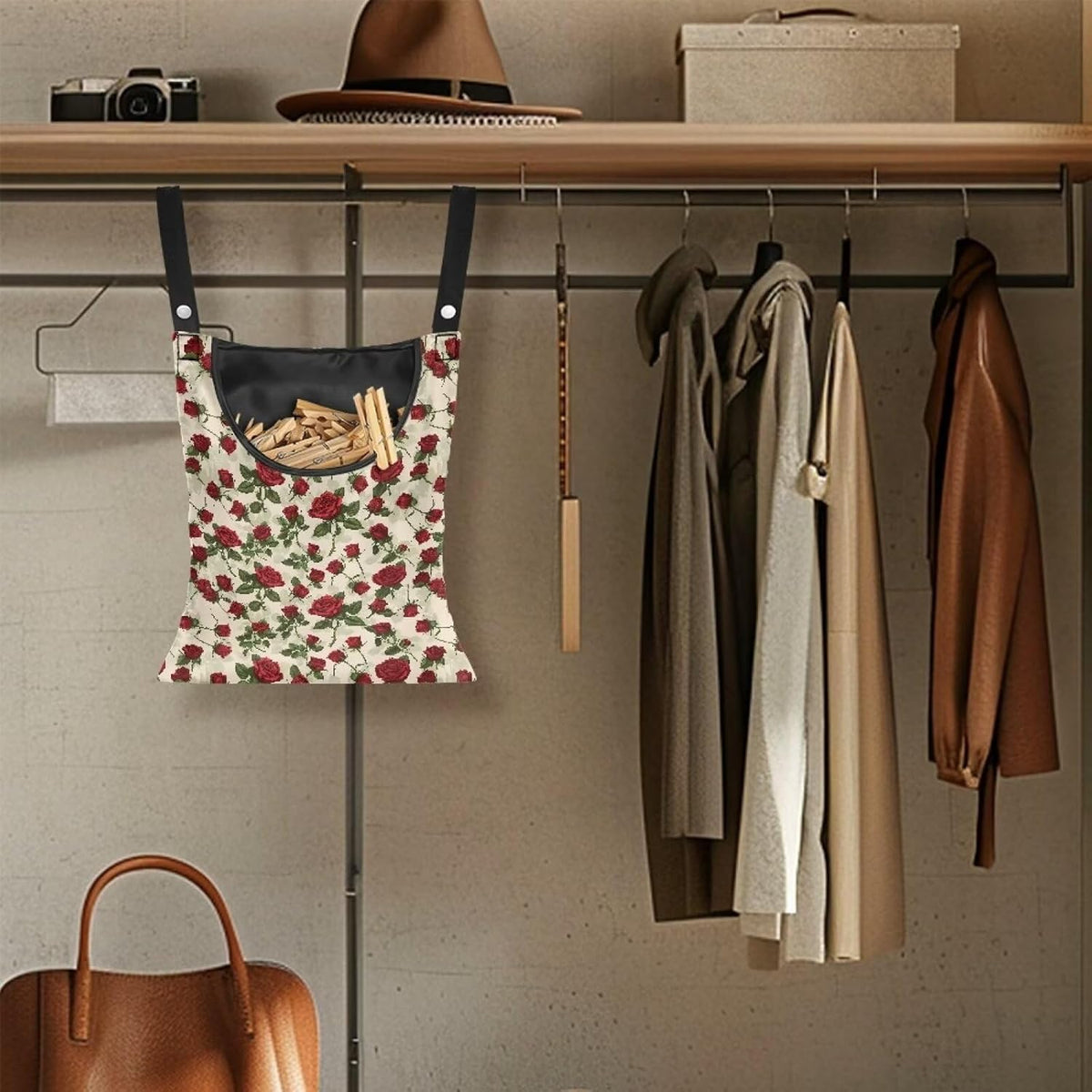 Rose Clothespin Bag Fashion Hanging Storage Organizer Clothes Pin Bag Waterproof Laundry Clothespin Bag Clothespin Holder with Hanger Hook for Easy Hang and Large Opening